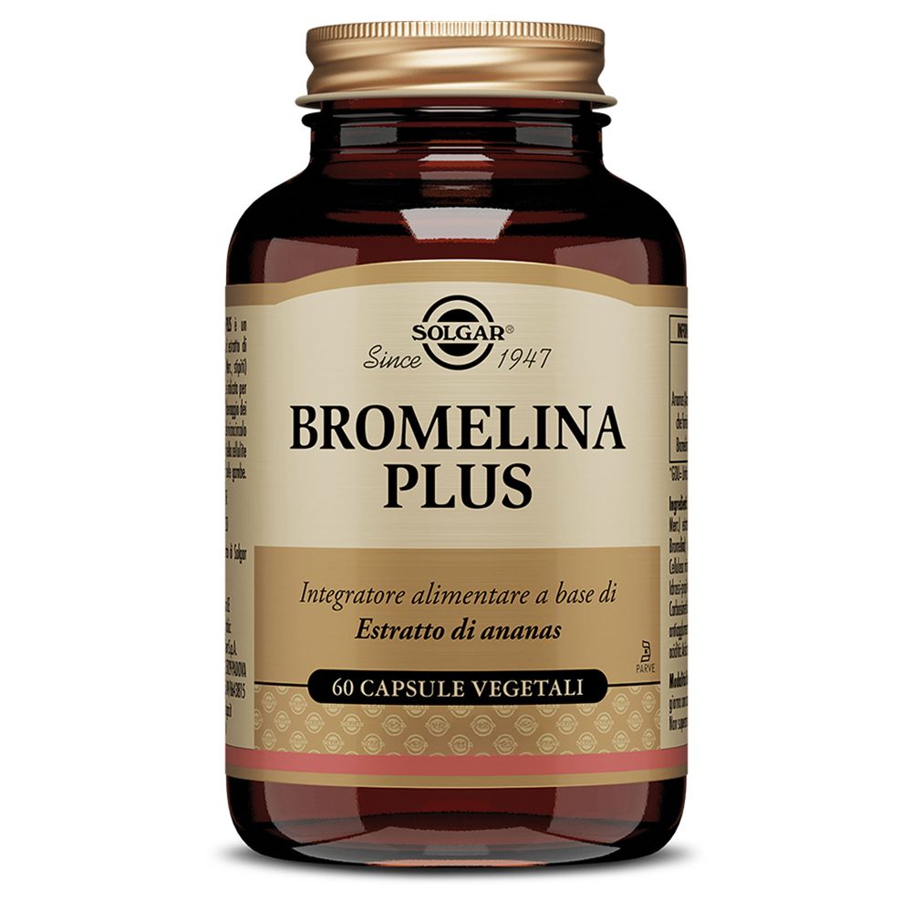 Flacon en verre brun SOLGAR Bromelina Plus. Étiquette avec nom et informations. Bouchon doré. 60 gélules végétales.