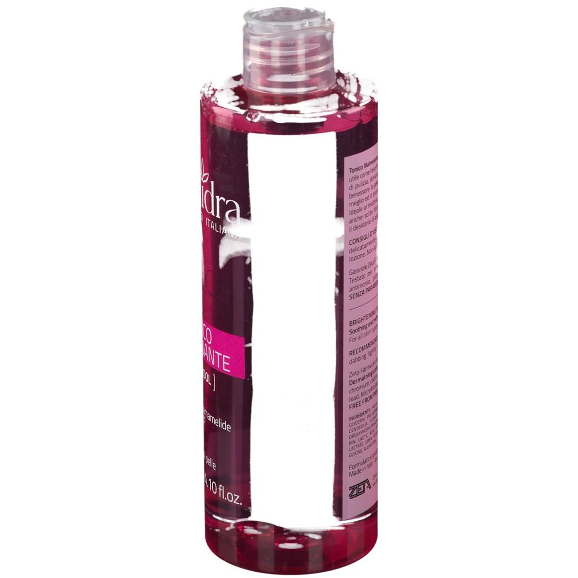 Flacon rose avec bouchon transparent. Texte au dos. Marque EuPhidra.