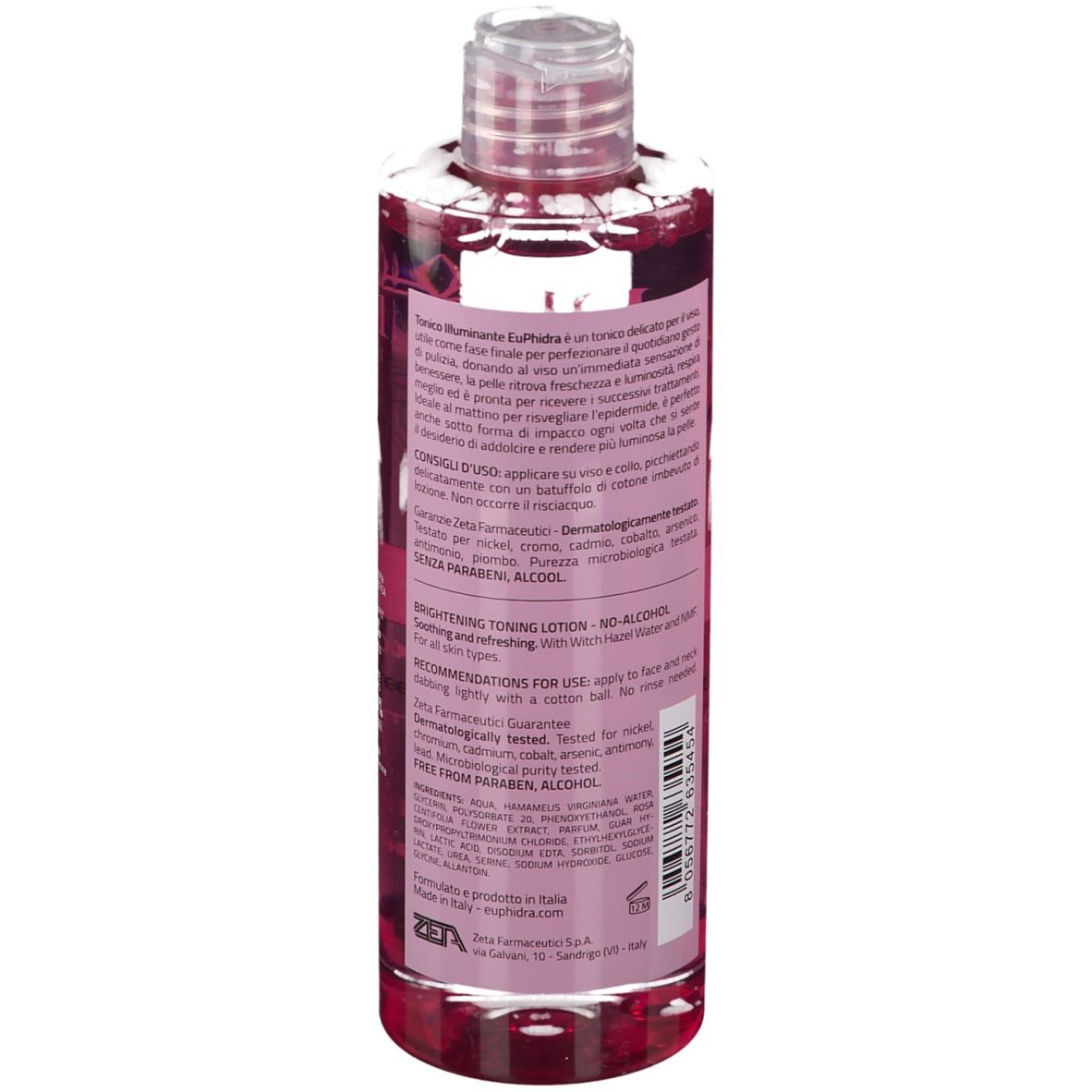 Flacon rose avec bouchon transparent. Texte au dos. Marque EuPhidra.