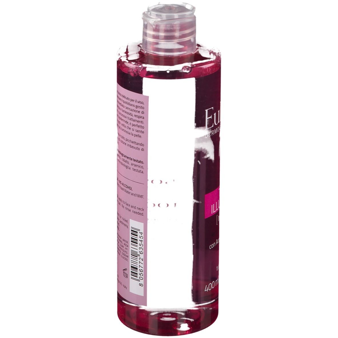 Flacon rose avec bouchon transparent. Texte au dos. Marque EuPhidra.