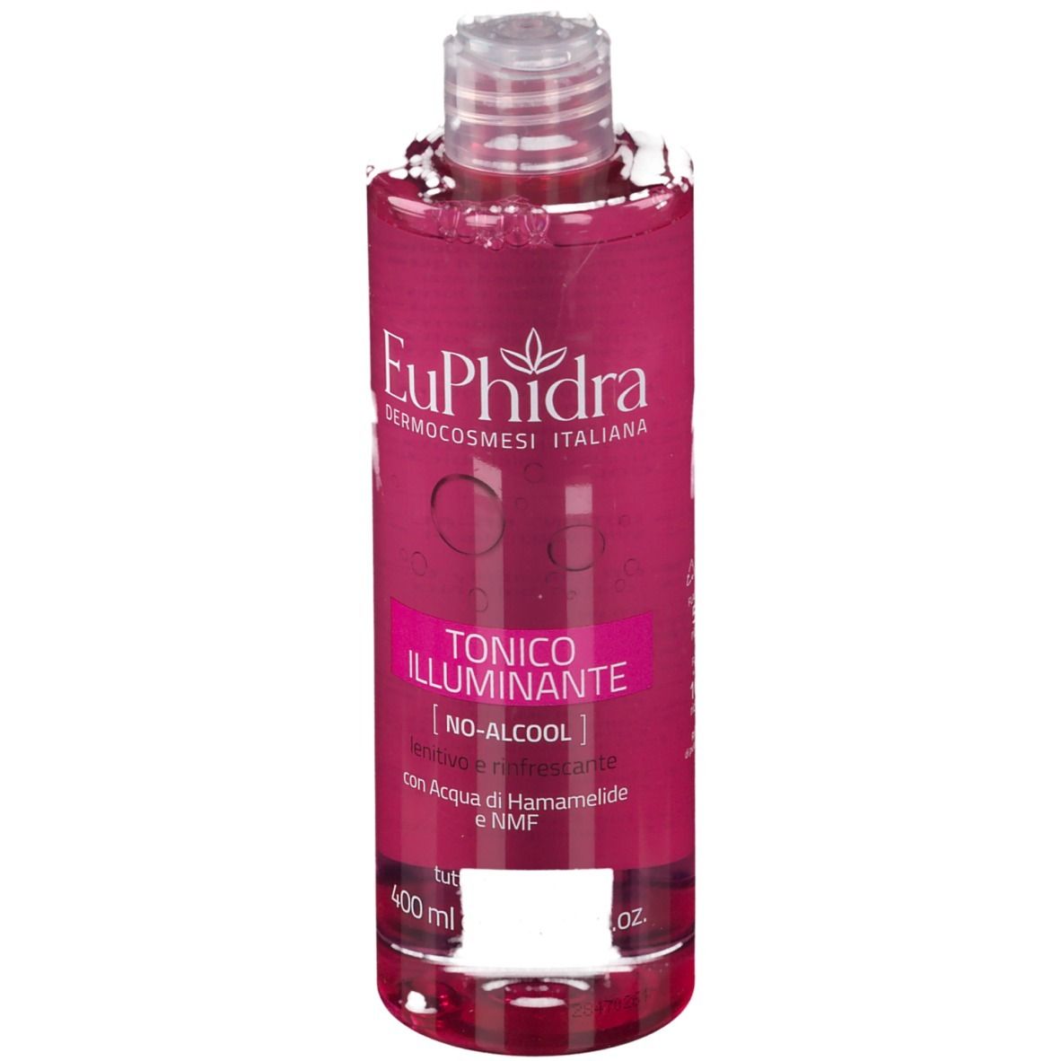 Flacon rose avec bouchon transparent. Inscription: EuPhidra, Tonico Illuminante, No-Alcool.