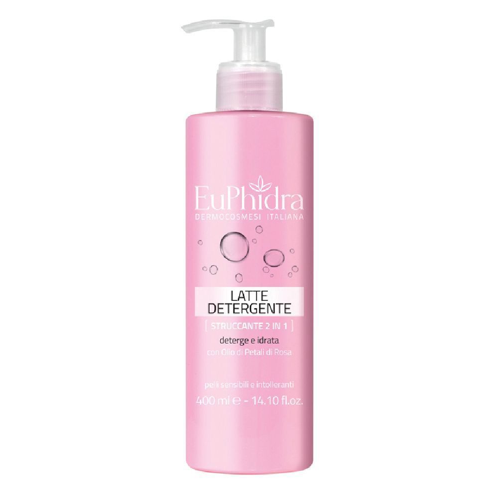 Flacon rose avec pompe. Inscription: EuPhidra, Latte Detergente, Struccante 2 en 1. 400 ml.