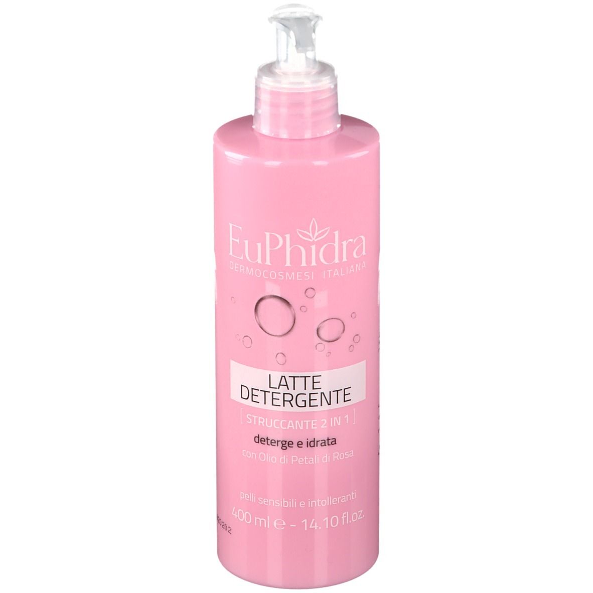 Flacon rose avec pompe. Inscription: EuPhidra, Latte Detergente, Struccante 2 en 1. 400 ml.