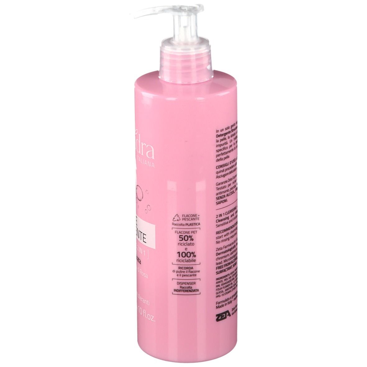 Flacon rose avec pompe. Inscription: EuPhidra, Latte Detergente, Struccante 2 en 1. 400 ml. Texte au dos.