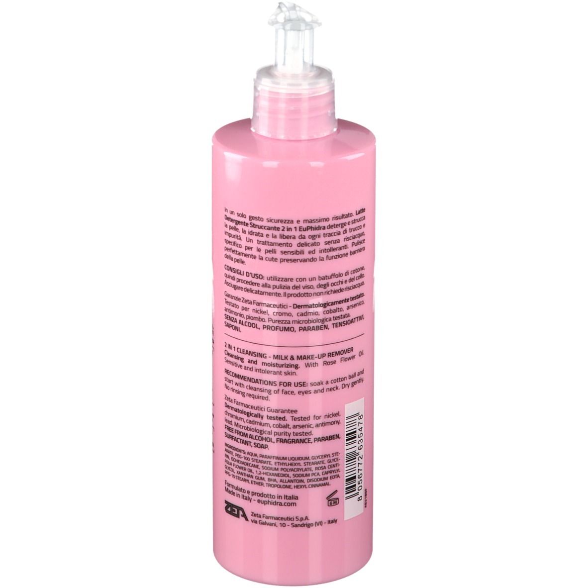 Flacon rose avec pompe. Inscription: EuPhidra, Latte Detergente, Struccante 2 en 1. 400 ml. Texte au dos.