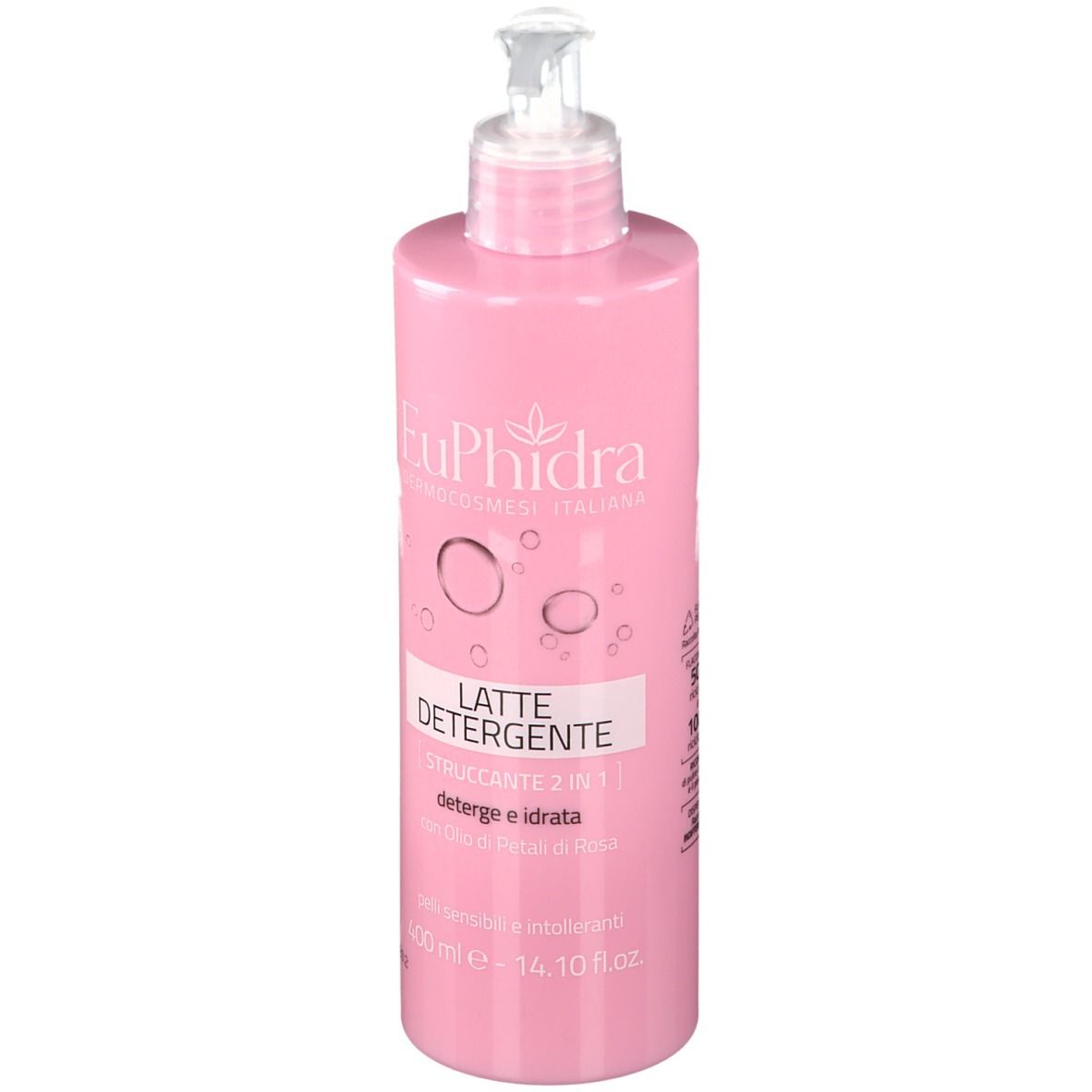Flacon rose avec pompe. Inscription: EuPhidra, Latte Detergente, Struccante 2 en 1. 400 ml.