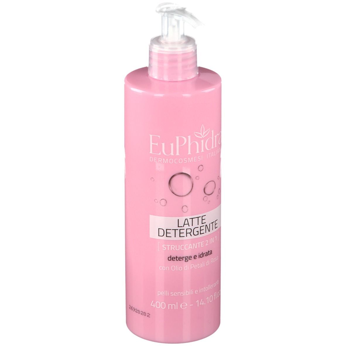 Flacon rose avec pompe. Inscription: EuPhidra, Latte Detergente, Struccante 2 en 1. 400 ml.