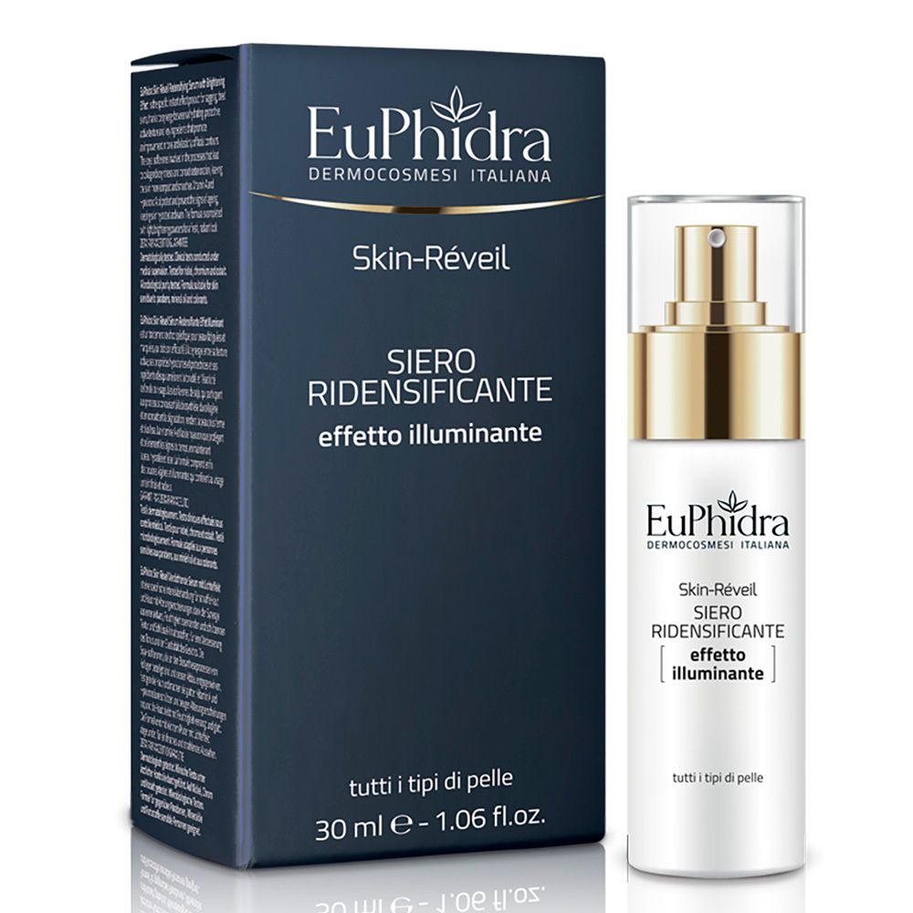 Dunkelblaue Schachtel und Flasche. Auf der Schachtel steht Euphidra Skin-Réveil Siero Ridensificante Effetto Illuminante.