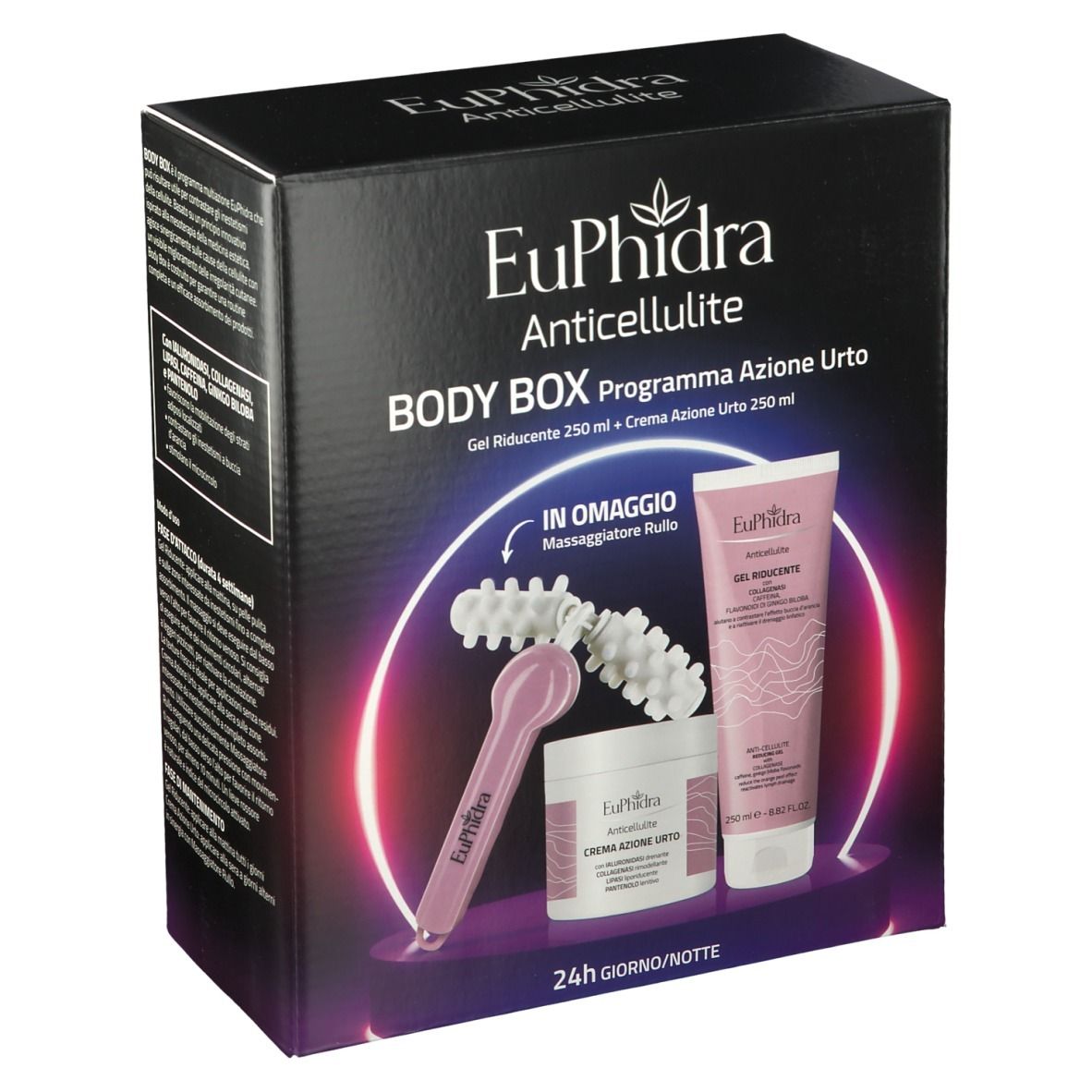 Boîte noire avec nom et détails du produit. Contient crème, gel et masseur. Éléments roses et blancs.