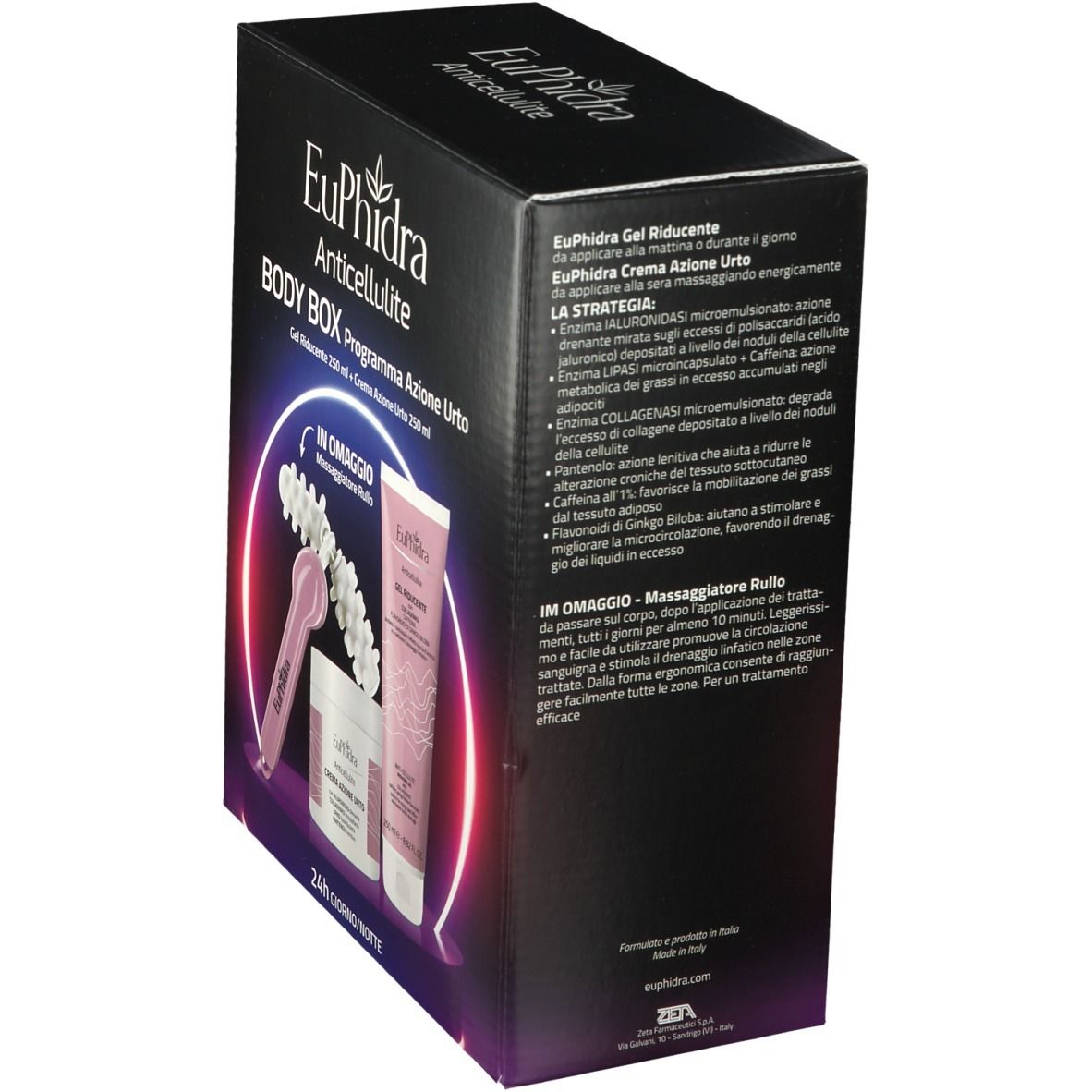 Boîte noire, vue latérale. Détails du texte et image du produit. Contient crème, gel et masseur.