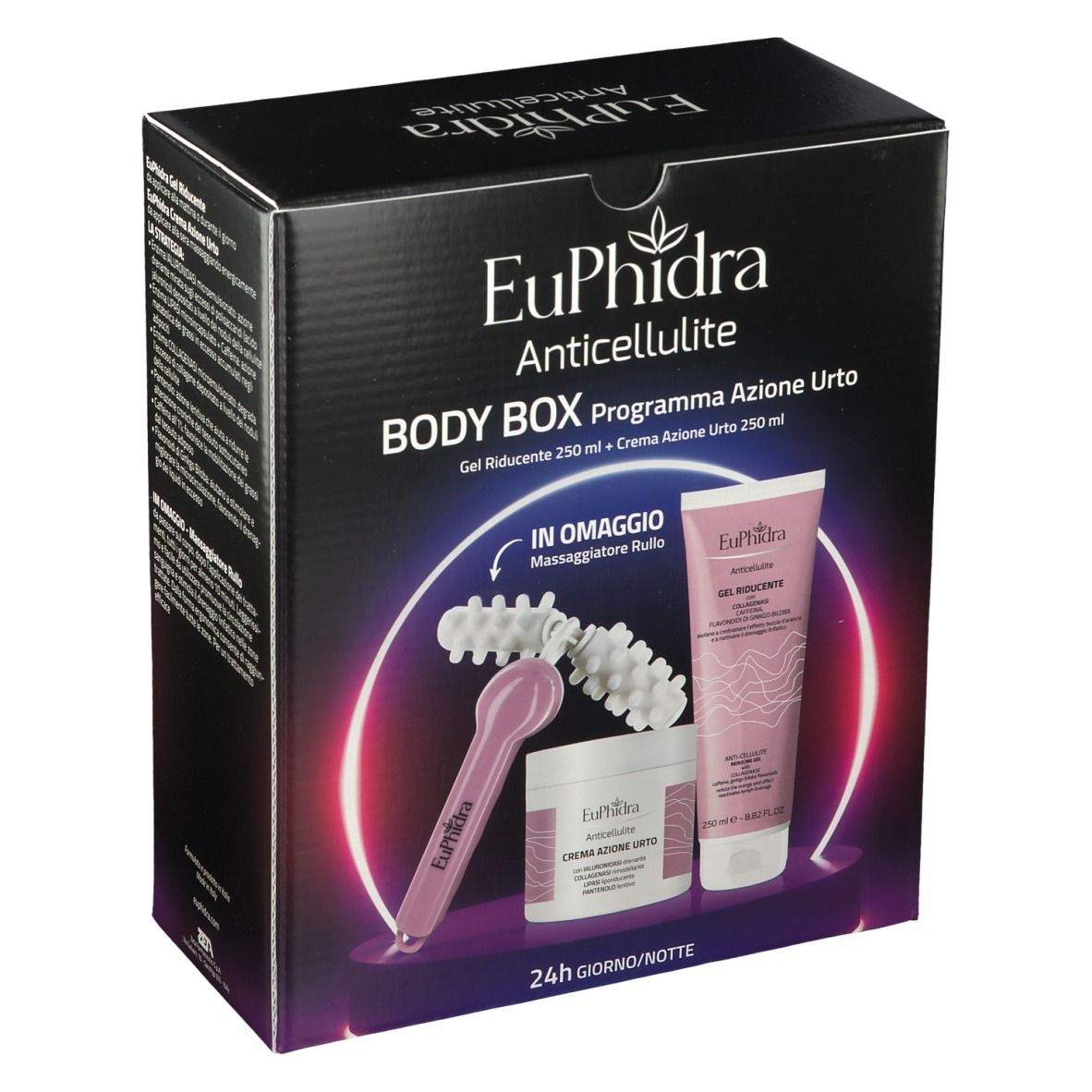 Boîte noire avec nom et détails du produit. Contient crème, gel et masseur. Éléments roses et blancs.