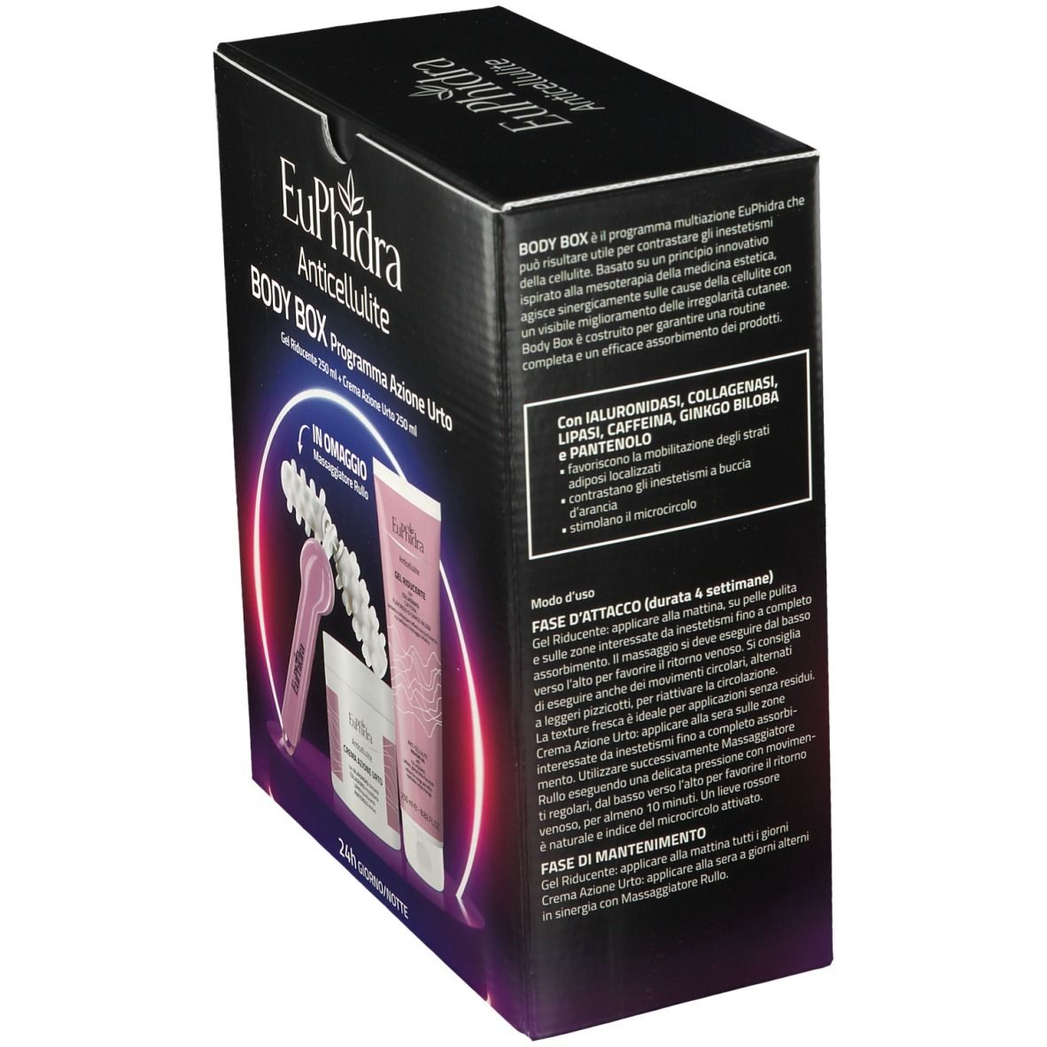 Boîte noire, vue latérale. Détails du texte et image du produit. Contient crème, gel et masseur.