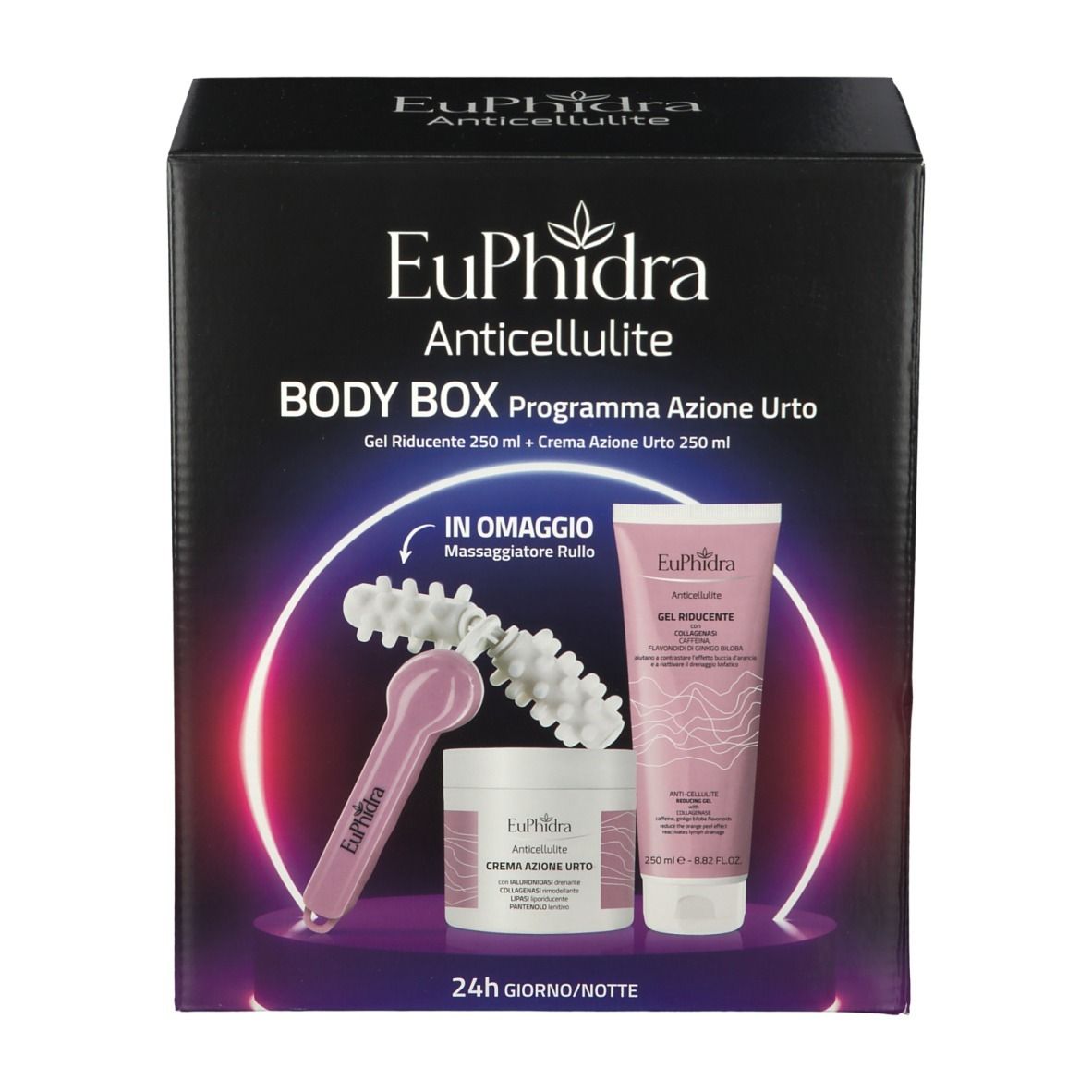 Boîte noire avec nom et détails du produit. Contient crème, gel et masseur. Éléments roses et blancs.