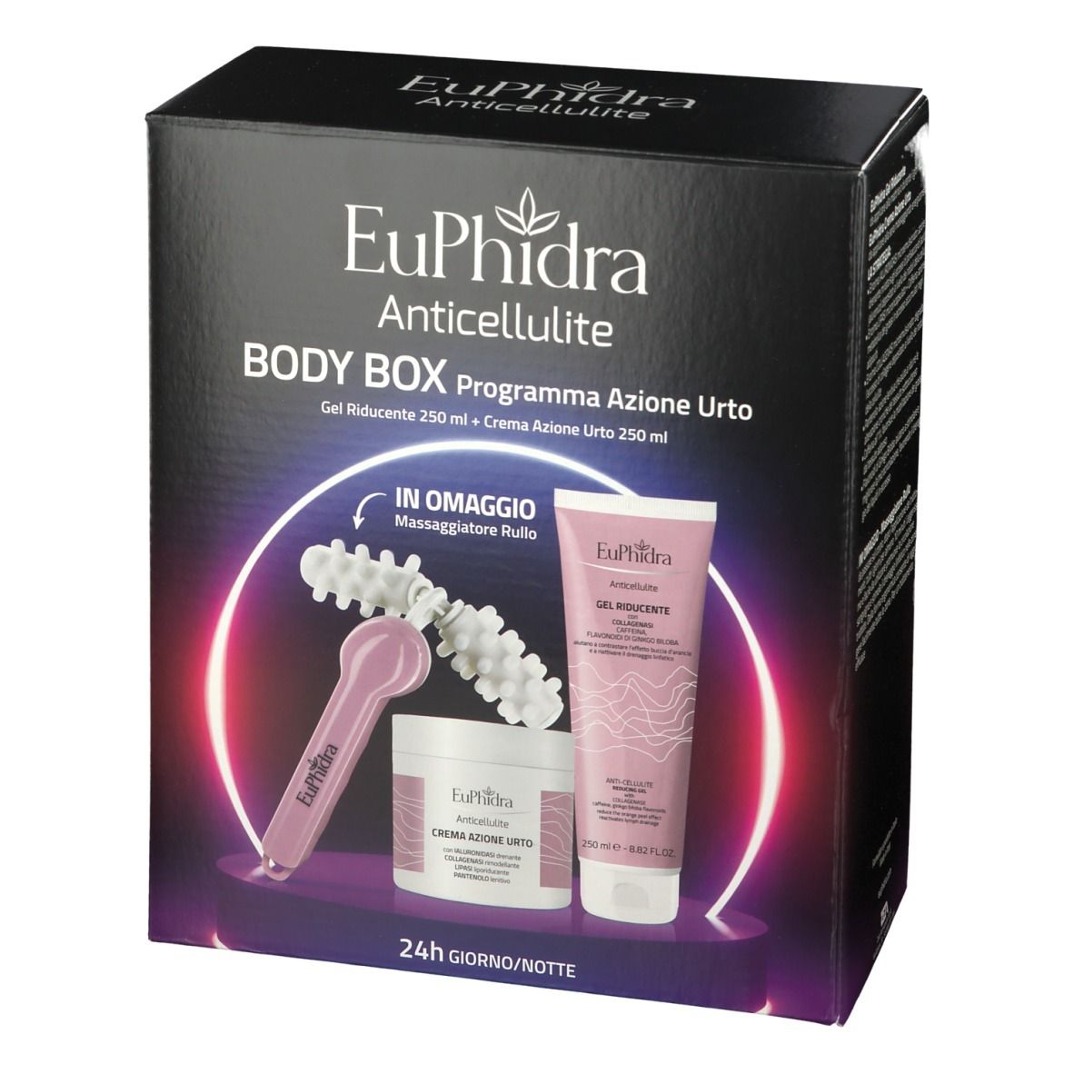 Boîte noire avec nom et détails du produit. Contient crème, gel et masseur. Éléments roses et blancs.