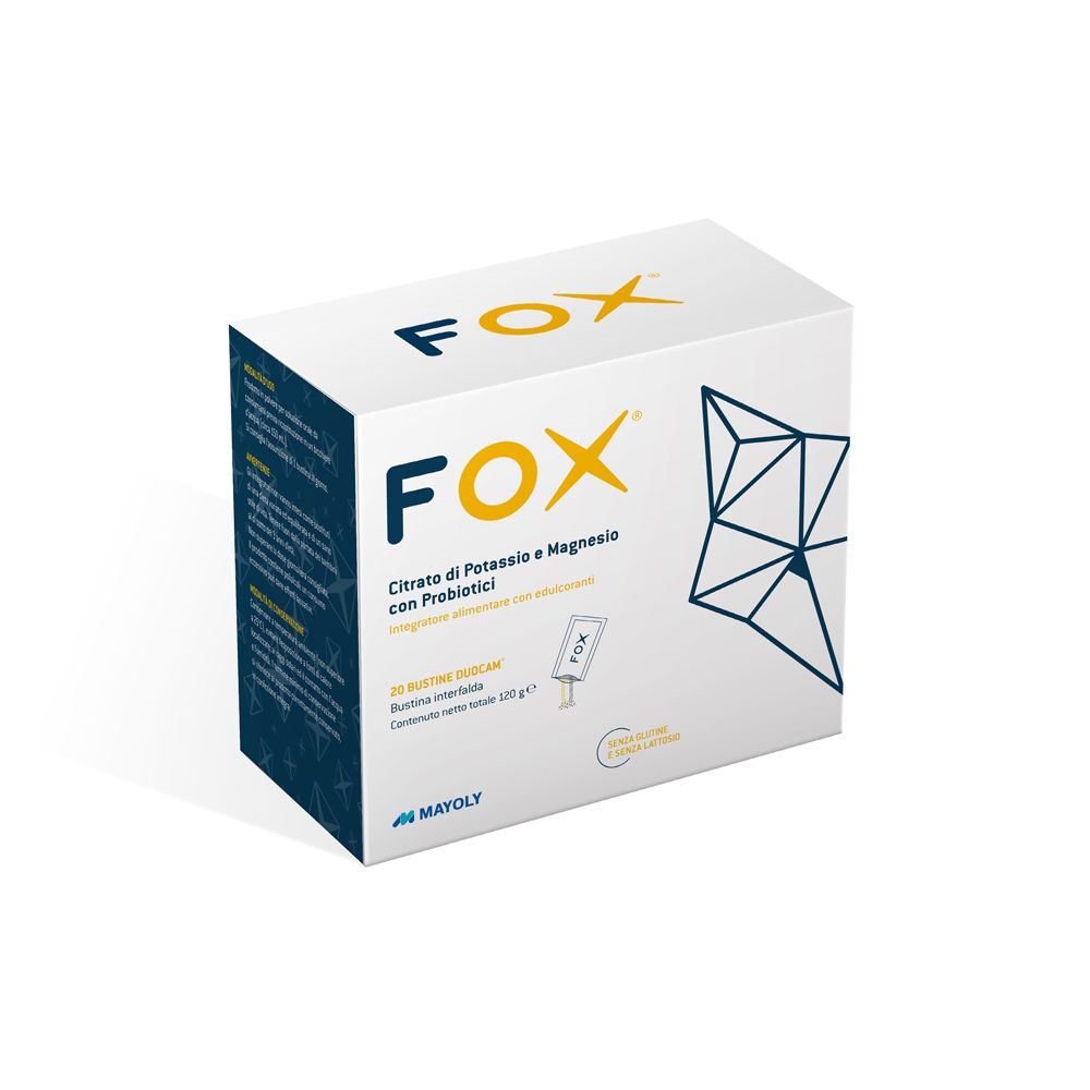 Boîte blanche avec texte bleu et jaune. Inscription: FOX, Citrato di Potassio e Magnesio con Probiotici. 20 Bustine Duocam.