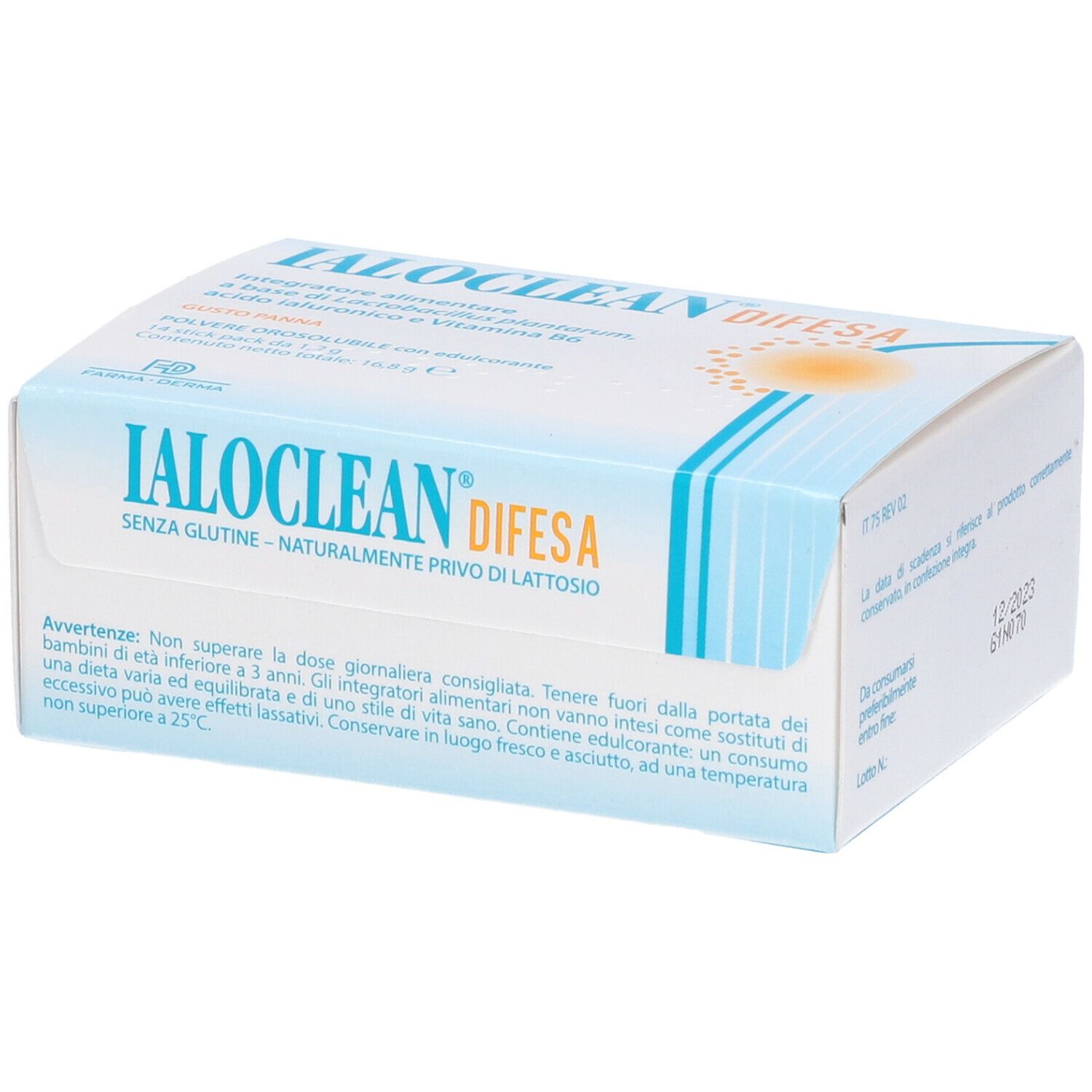 Boîte de Ialoclean Difesa. Emballage blanc et bleu avec nom du produit et informations. Sans gluten et sans lactose.