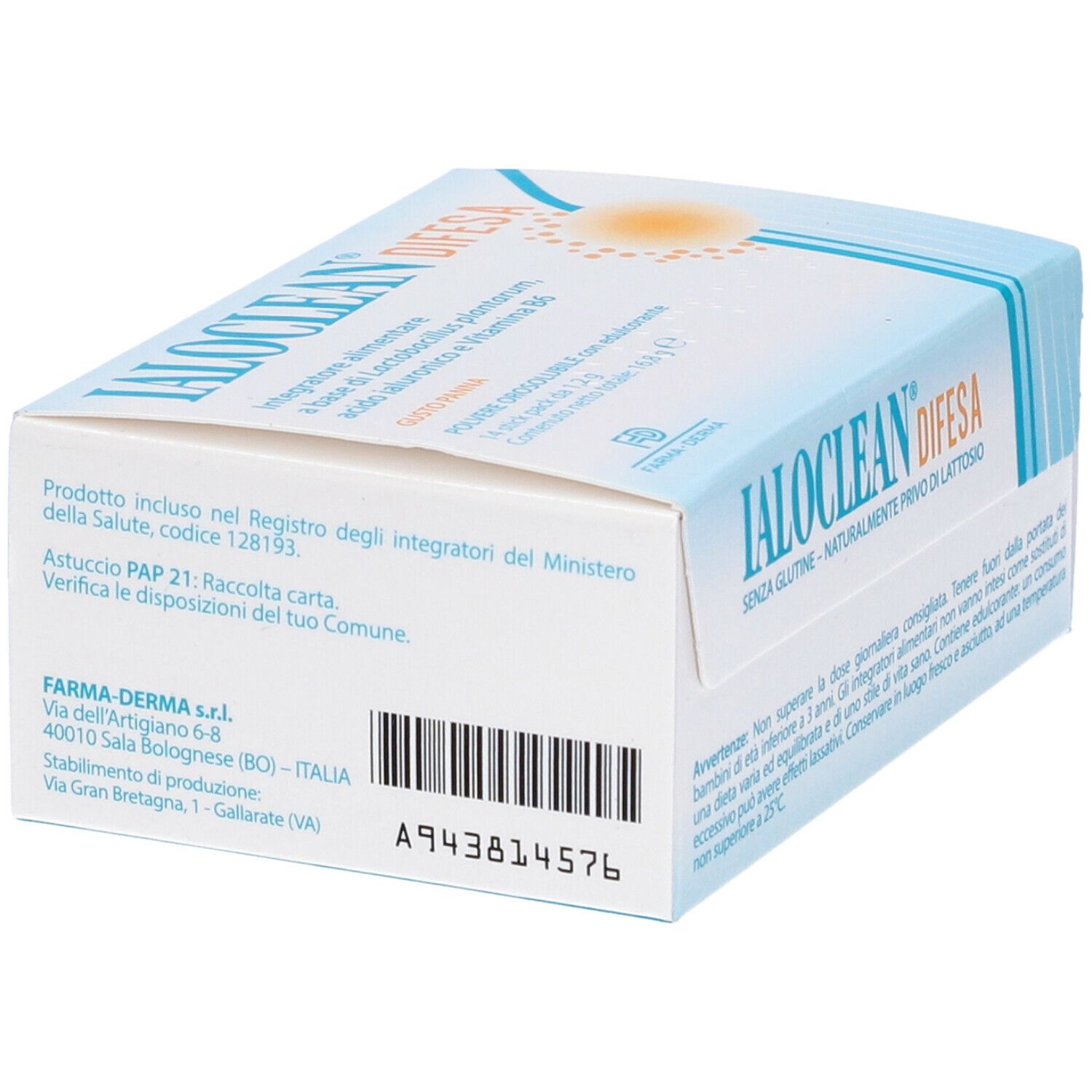 Boîte Ialoclean Difesa. Arrière avec adresse du fabricant et code-barres. Nom du produit et logo visibles.