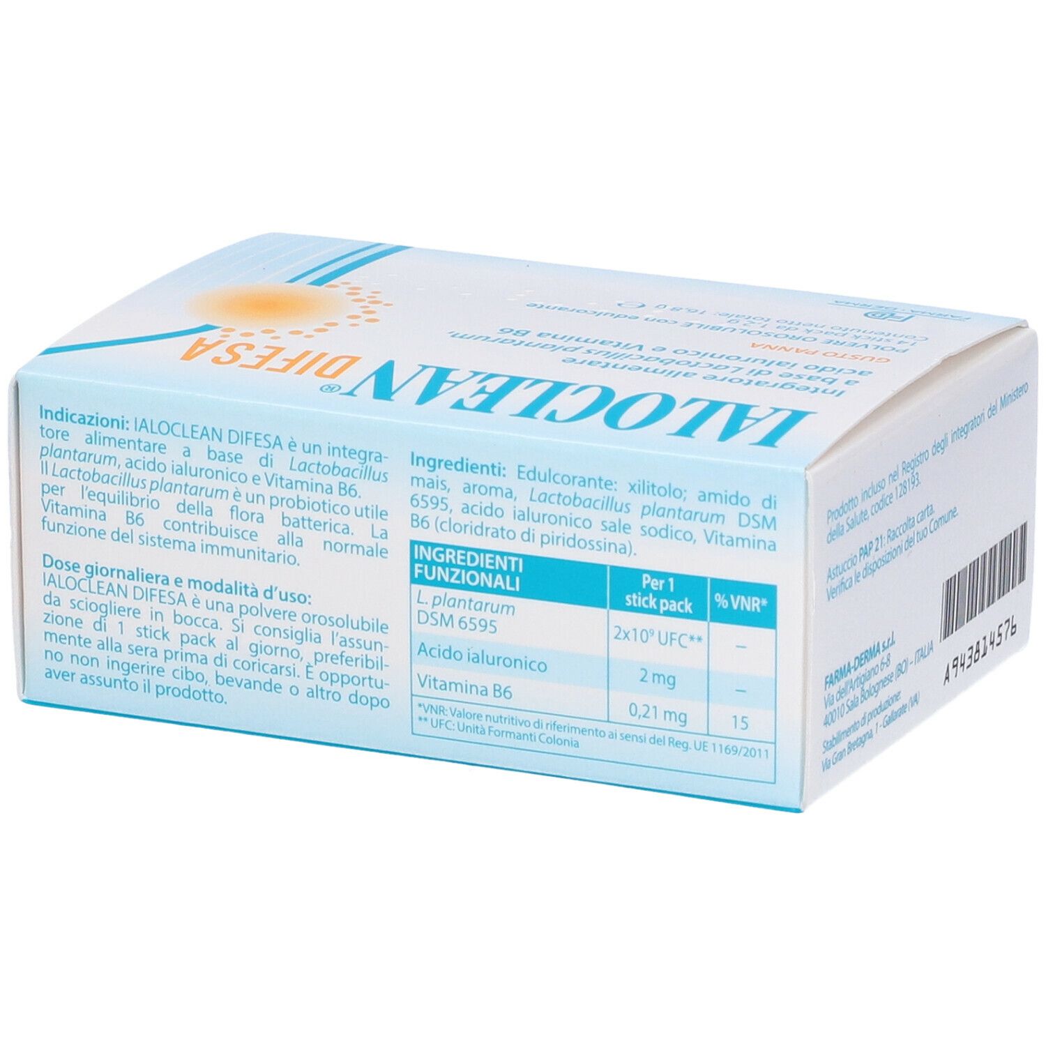 Boîte Ialoclean Difesa. Côté avec ingrédients et informations nutritionnelles. Nom du produit et logo visibles.