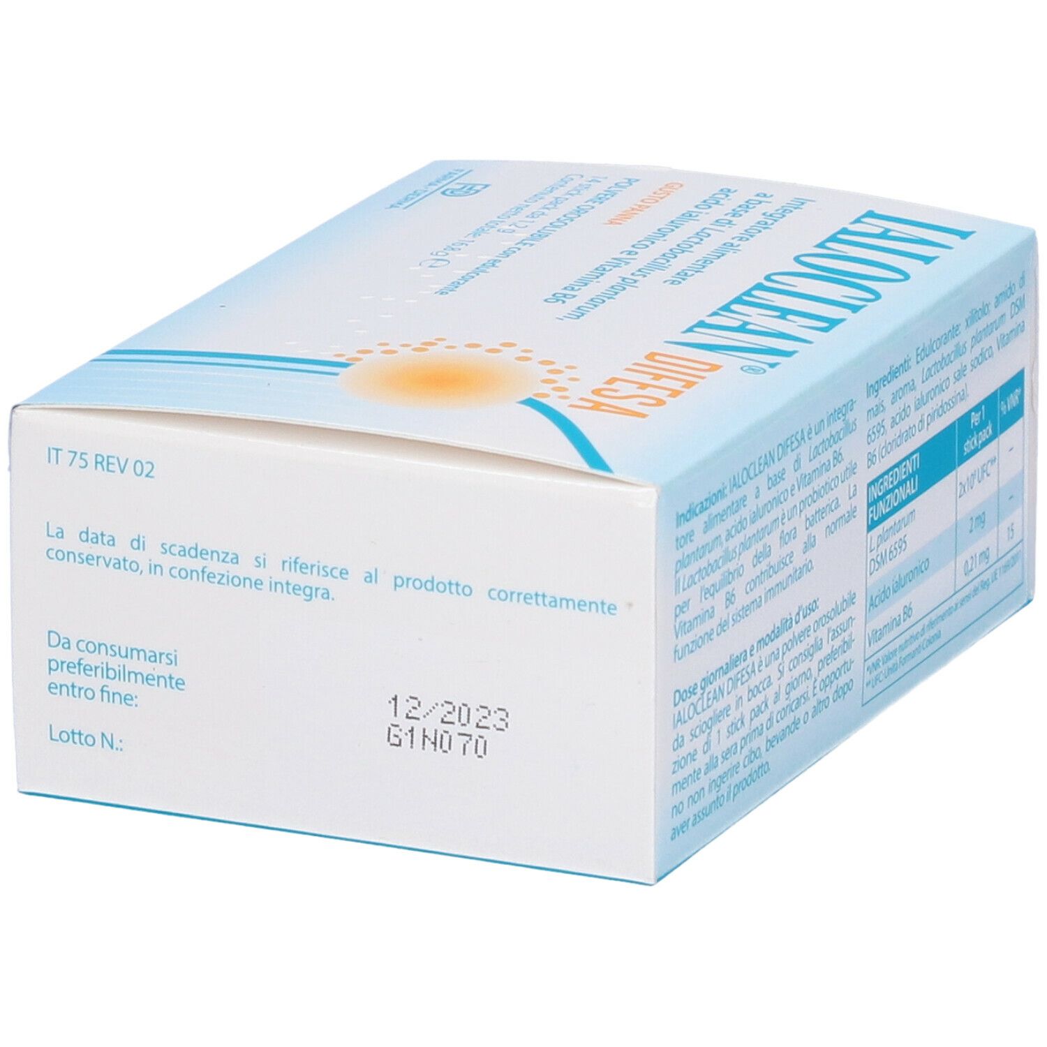 Boîte Ialoclean Difesa. Côté avec date de péremption et numéro de lot. Nom du produit et logo visibles.