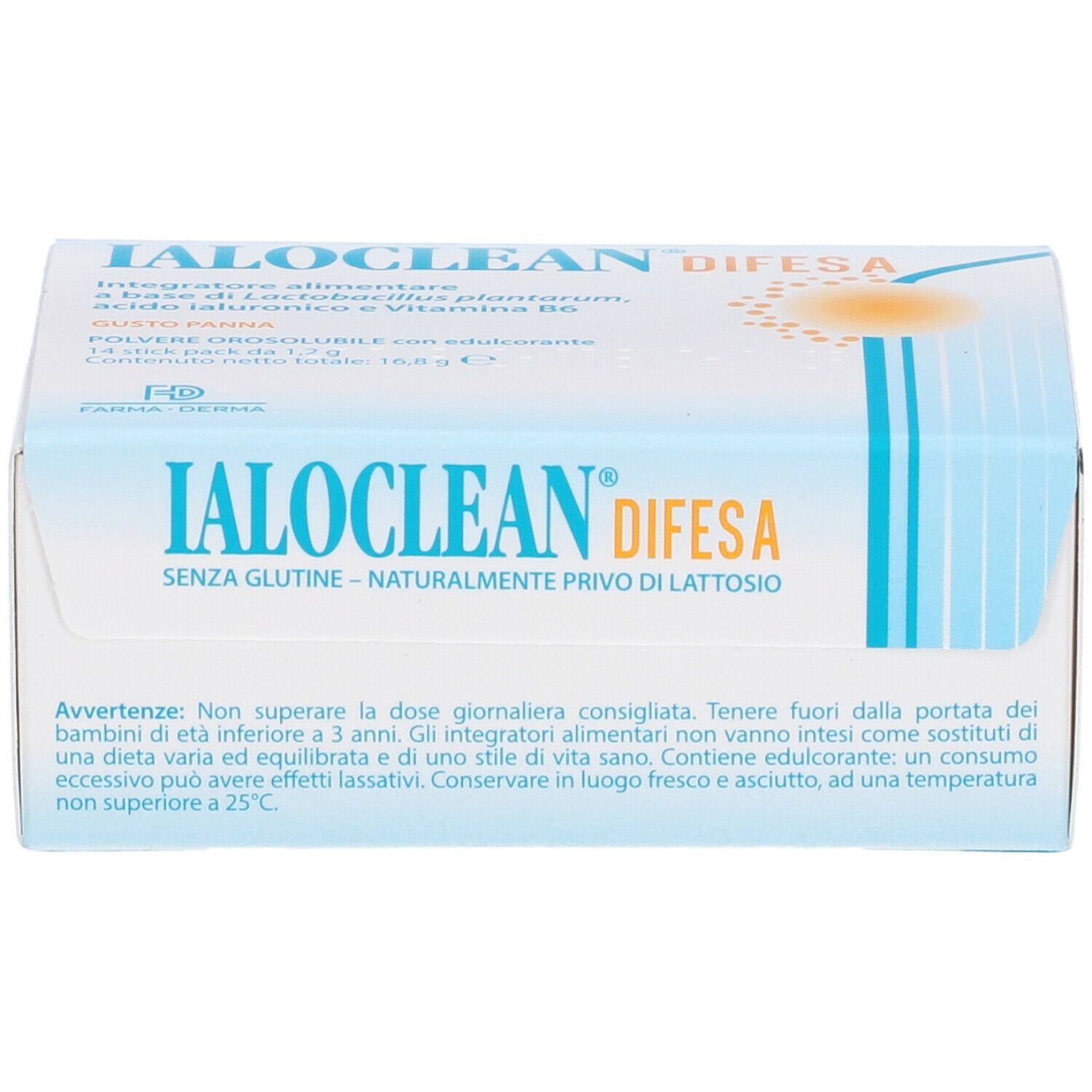 Boîte Ialoclean Difesa. Face avant avec nom et logo du produit. Sans gluten et sans lactose.