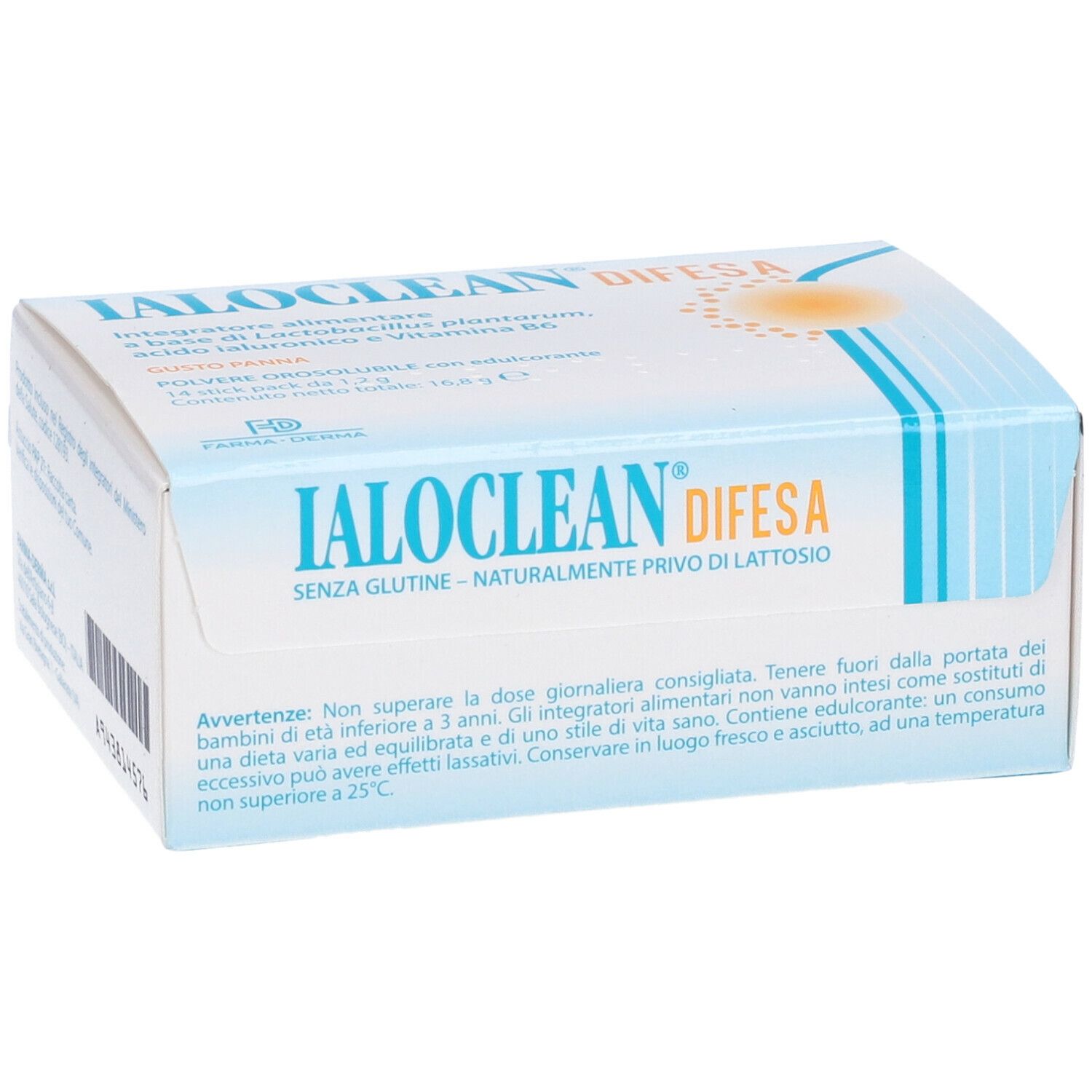Boîte Ialoclean Difesa. Face avant avec nom et logo du produit. Sans gluten et sans lactose.
