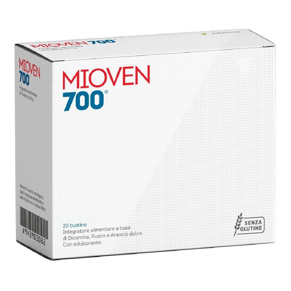Boîte "Mioven 700". Inscription: 20 Bustine, Integratore alimentare, Senza glutine. Code-barres.