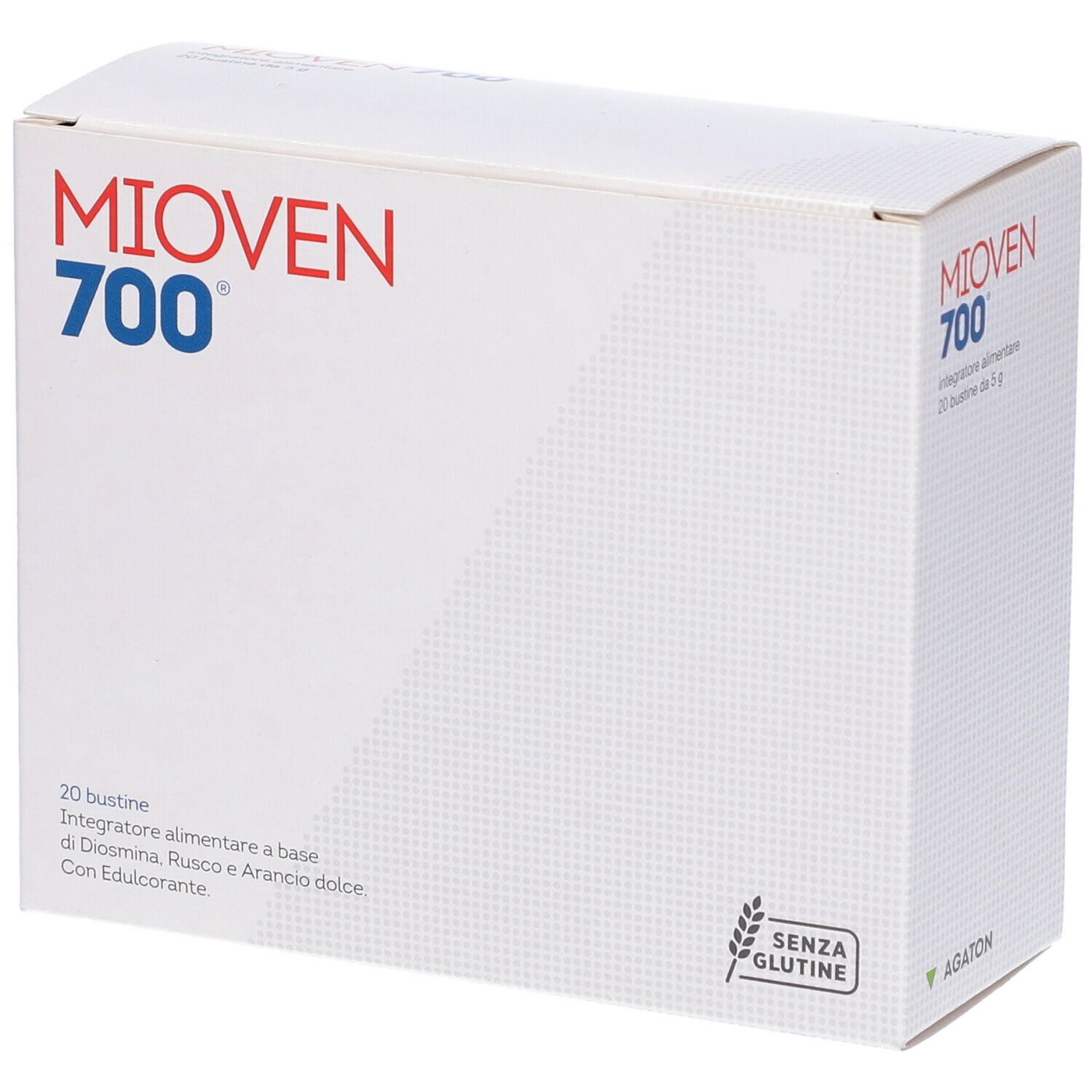 Boîte "Mioven 700". Inscription: 20 Bustine, Integratore alimentare, Senza glutine. Logo Agaton.