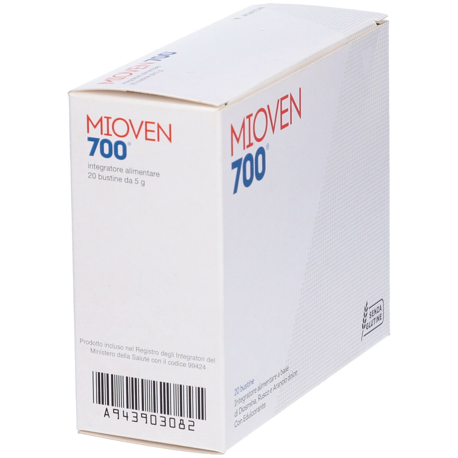 Boîte "Mioven 700". Inscription: 20 Bustine, Integratore alimentare. Code-barres et logo.