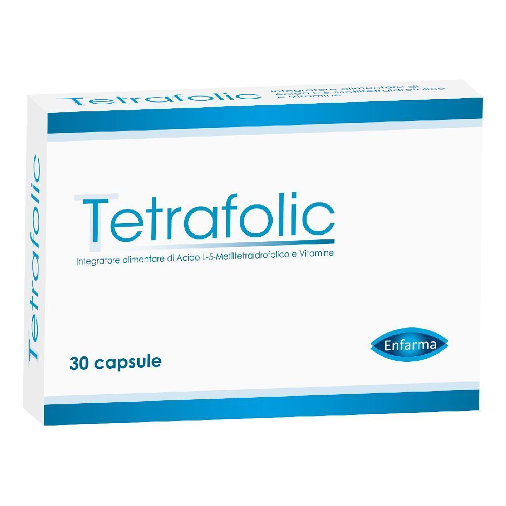 Schachtel mit "Tetrafolic"-Aufdruck, 30 Kapseln. Marke Enfarma. Weiß-blaues Design.