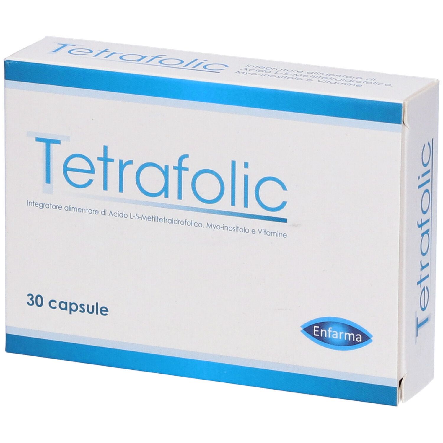 Schachtel "Tetrafolic", 30 Kapseln. Marke Enfarma. Weiß-blaues Design. Perspektivische Ansicht.