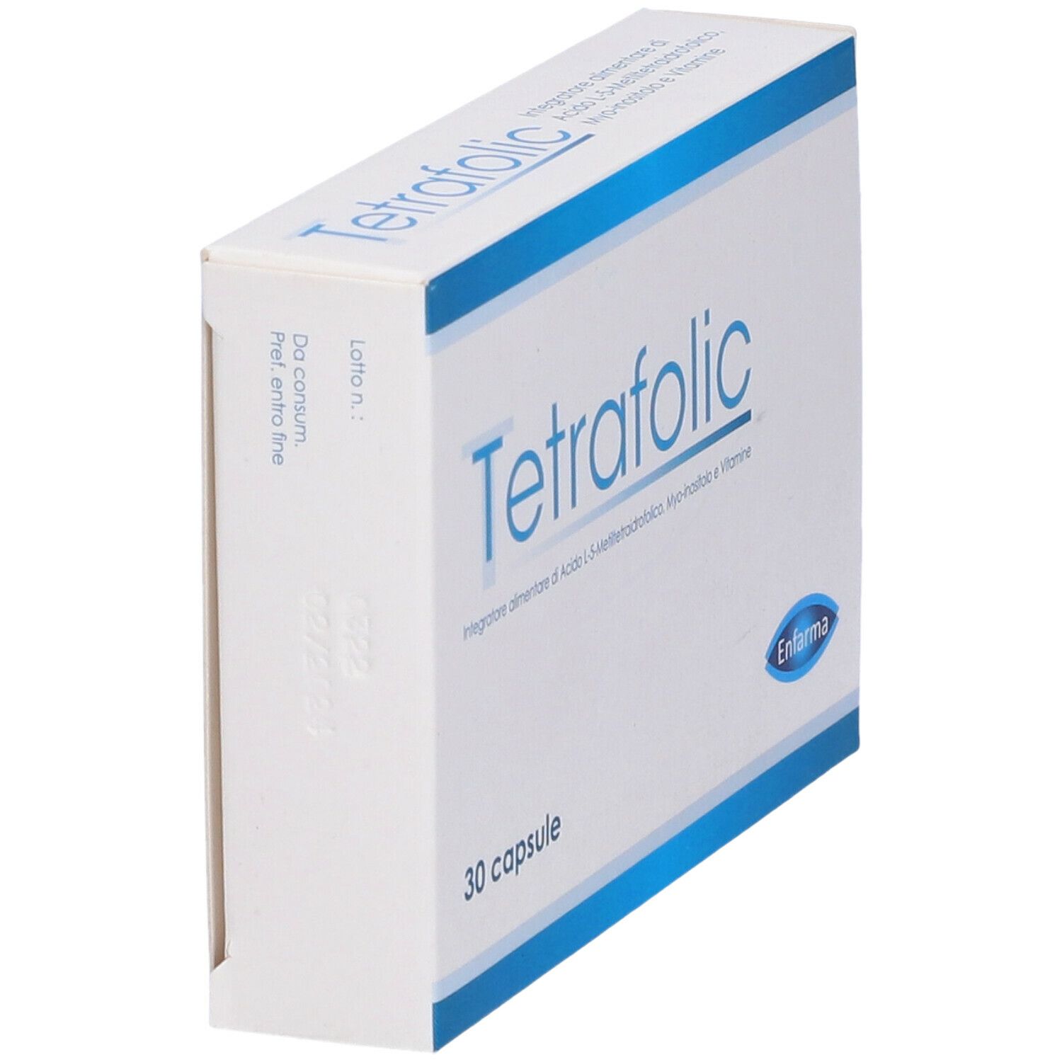 Schachtel "Tetrafolic", 30 Kapseln. Marke Enfarma. Weiß-blaues Design. Perspektivische Ansicht.
