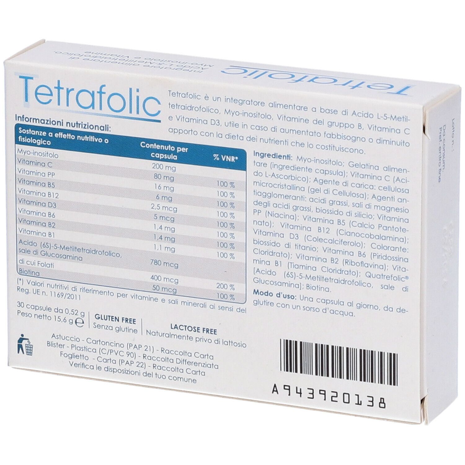 Rückseite der "Tetrafolic"-Schachtel. Enthält Nährwertangaben, Inhaltsstoffe und Gebrauchsanweisung.