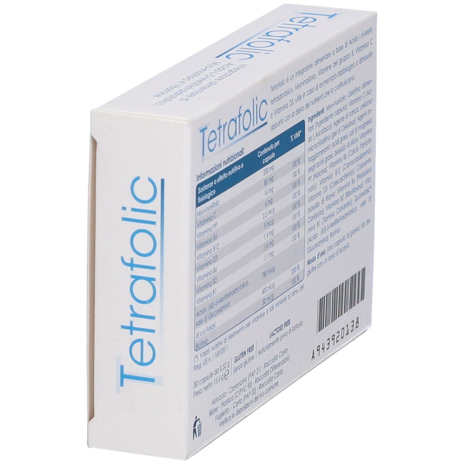 Perspektivische Ansicht der "Tetrafolic"-Schachtel. Rückseite mit Nährwertangaben und Inhaltsstoffen.