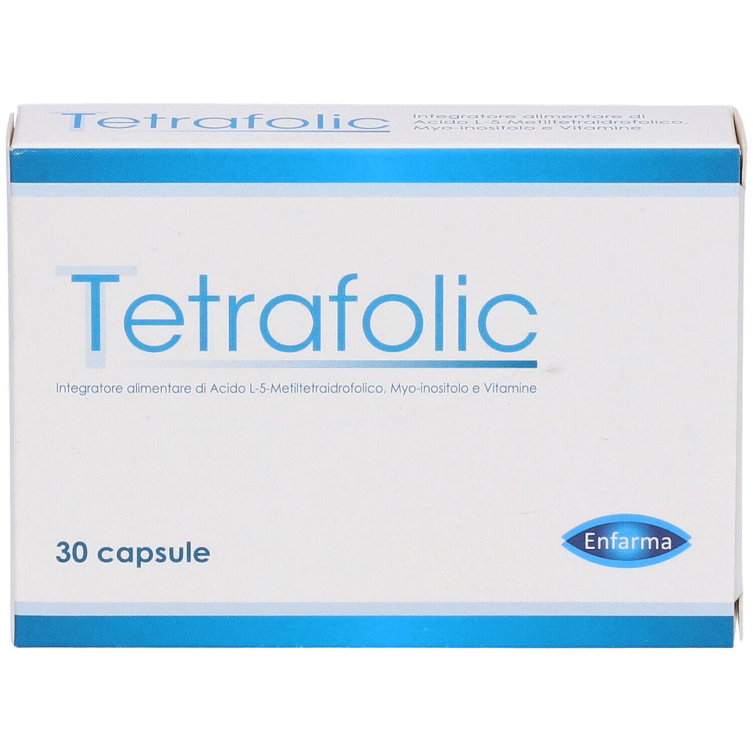Schachtel "Tetrafolic", 30 Kapseln. Marke Enfarma. Weiß-blaues Design.