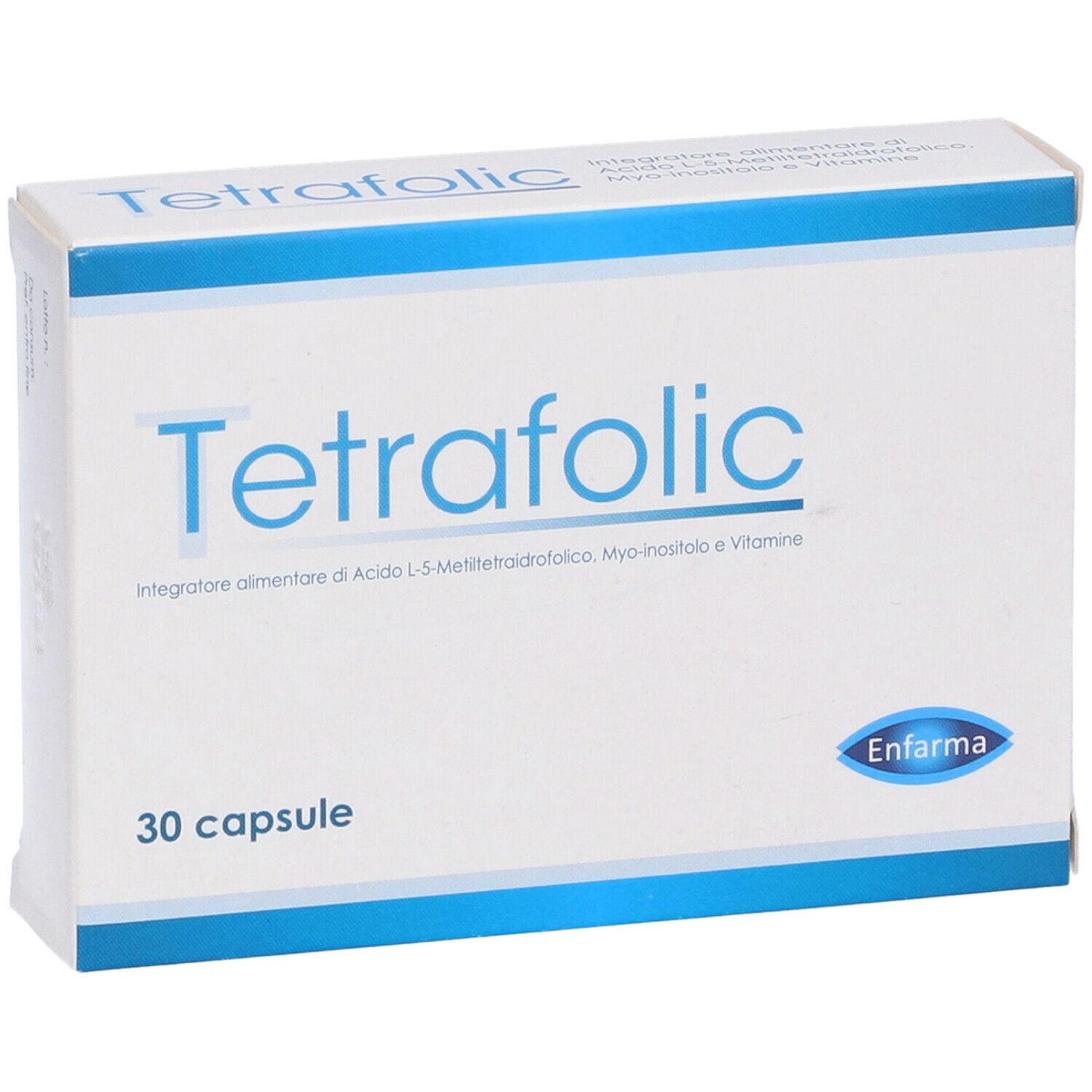 Schachtel "Tetrafolic", 30 Kapseln. Marke Enfarma. Weiß-blaues Design.