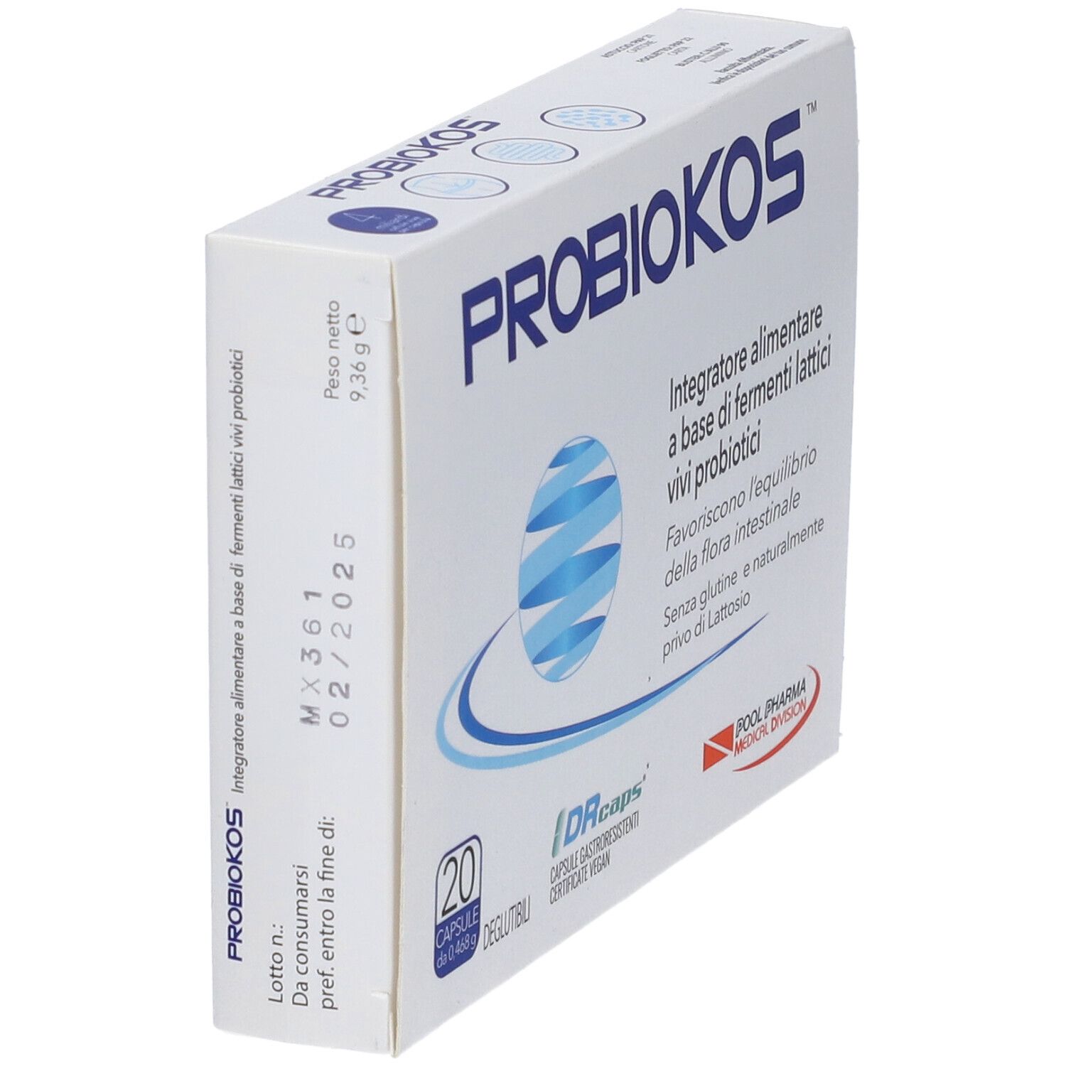 Boîte PROBIOKOS en biais. Affiche le nom du produit, 20 gélules et des informations. Contient la date de péremption.