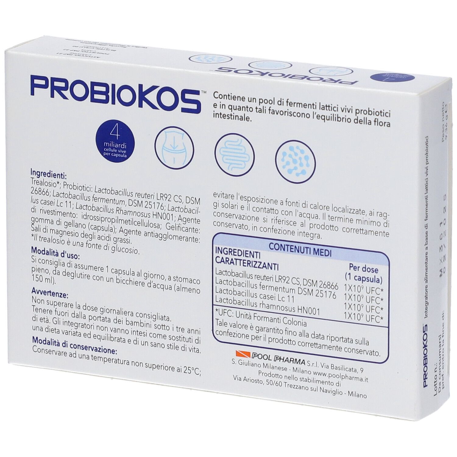 Dos de la boîte PROBIOKOS. Contient des informations sur les ingrédients, l'utilisation et les avertissements. Contient également des informations nutritionnelles.