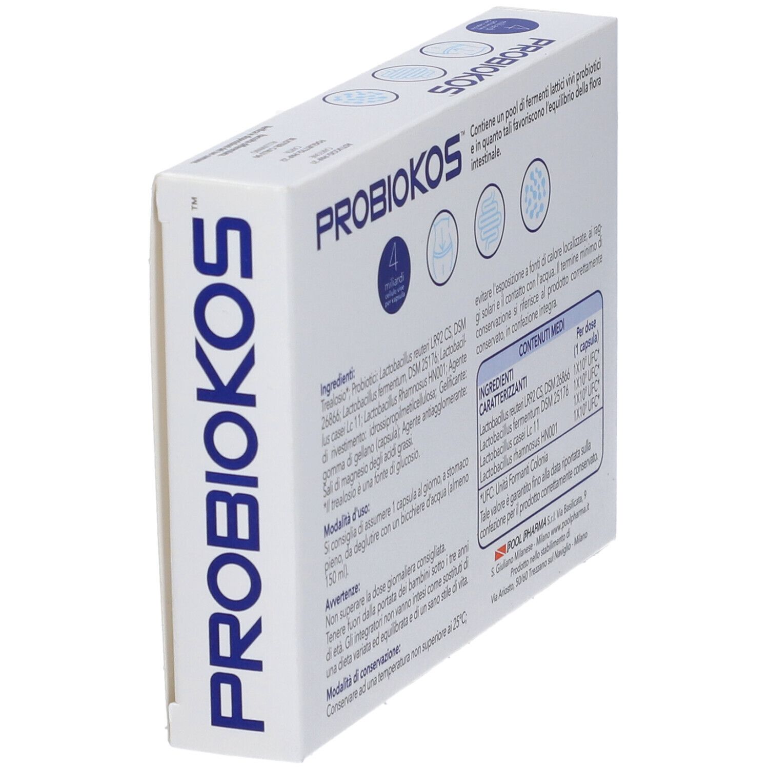 Boîte PROBIOKOS en biais. Affiche des informations sur les ingrédients, l'utilisation et les avertissements. Contient des informations nutritionnelles.