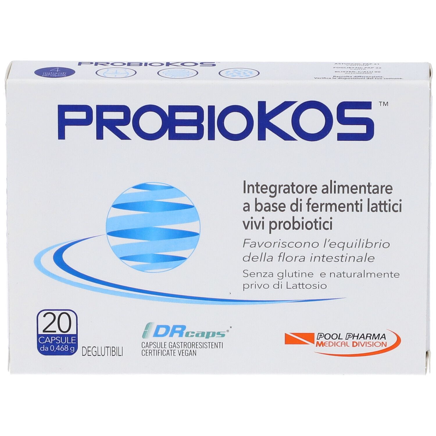 Boîte blanche avec accents bleus. Inscription PROBIOKOS, 20 gélules. Contient des informations sur les ingrédients et le fabricant.