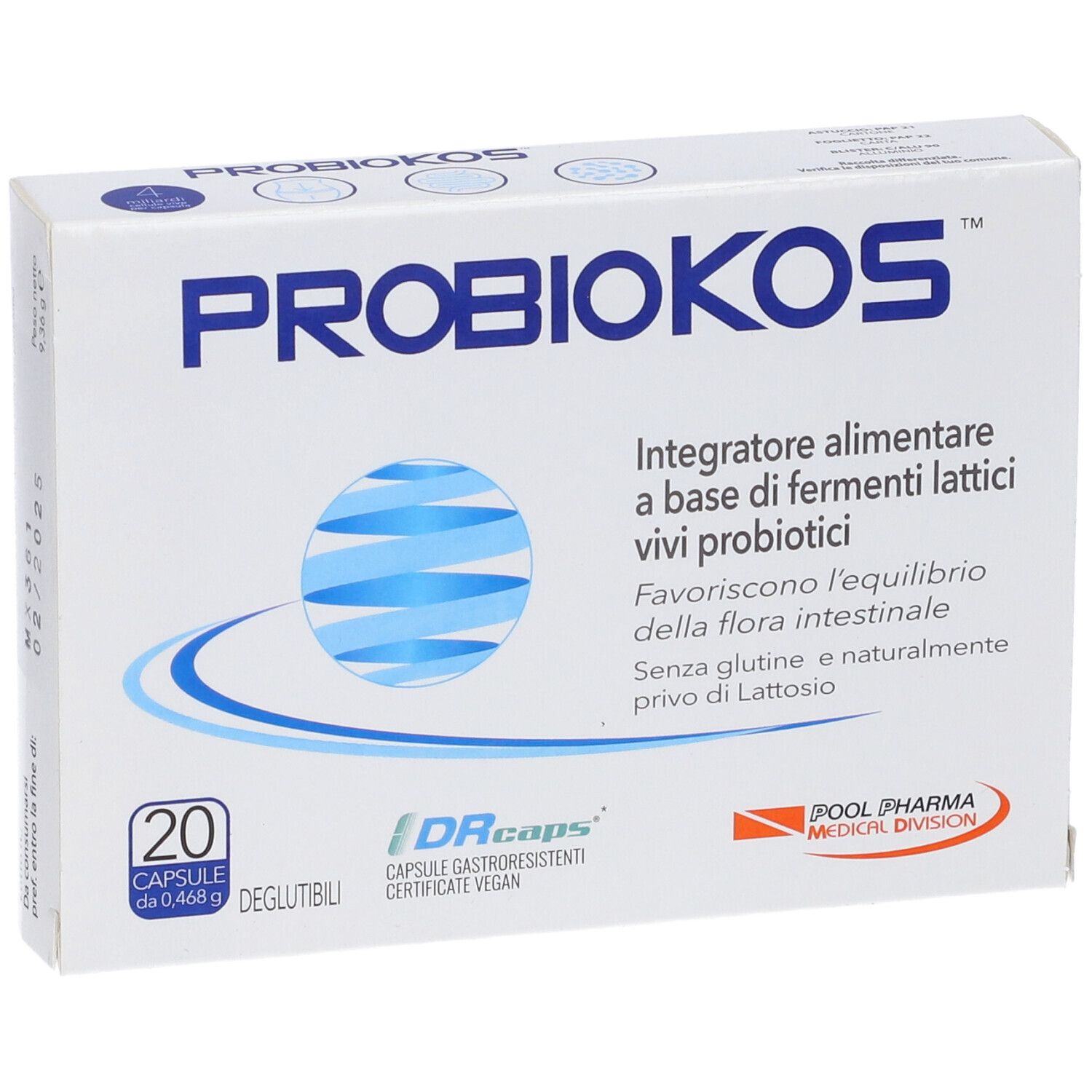 Boîte blanche avec accents bleus. Inscription PROBIOKOS, 20 gélules. Contient des informations sur les ingrédients et le fabricant.