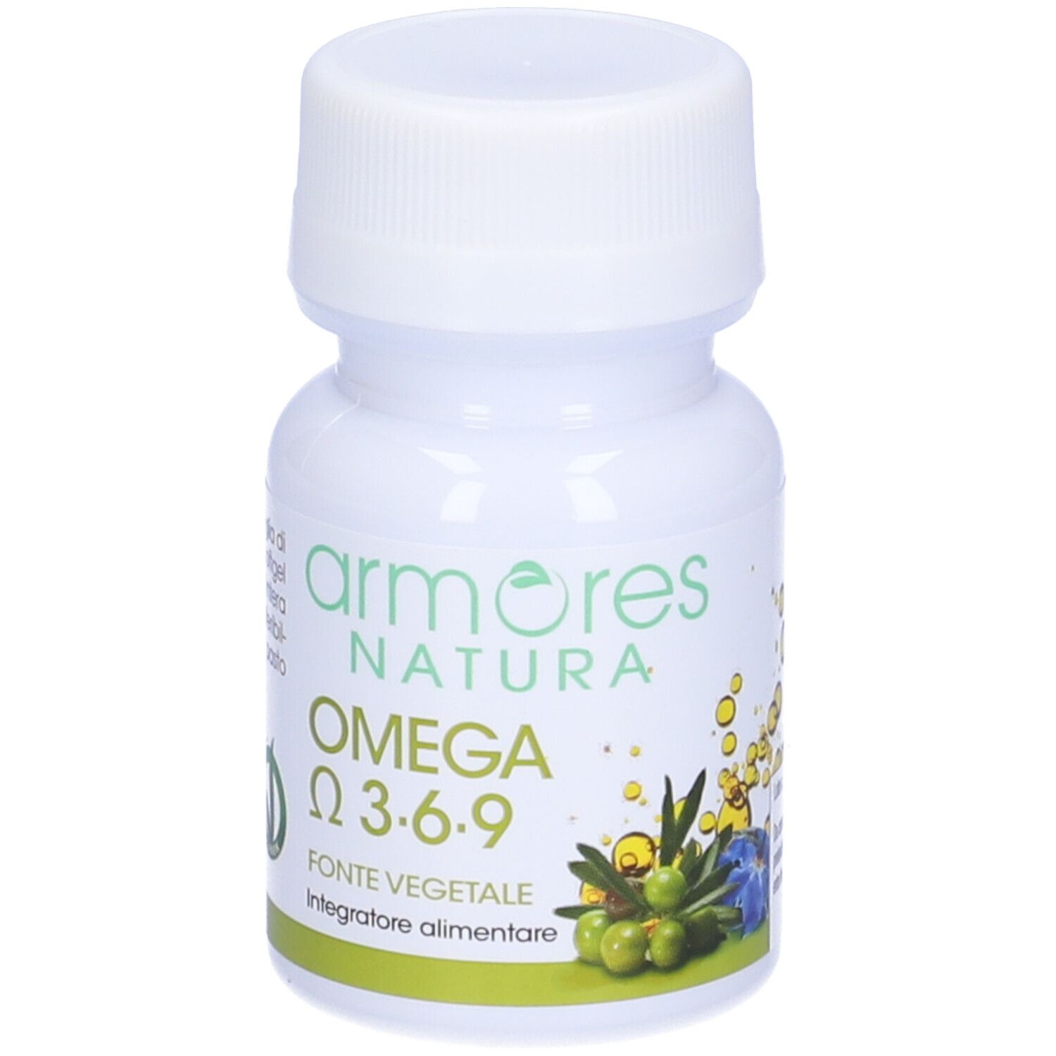 Weiße Flasche mit Schraubverschluss. Aufschrift: Armores Natura Omega 3-6-9. Grüner Aufkleber mit Oliven und Blättern.