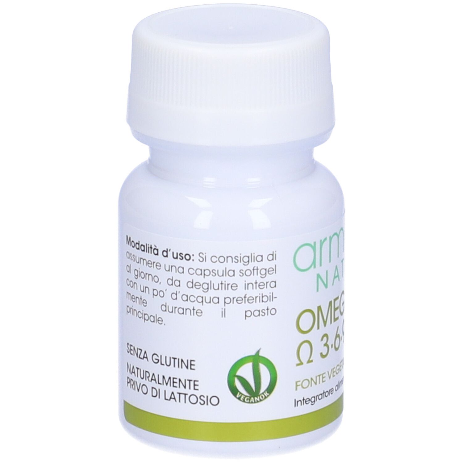 Weiße Flasche mit Schraubverschluss. Aufschrift: Armores Natura Omega 3-6-9. Grüner Aufkleber mit Vegan-Logo.