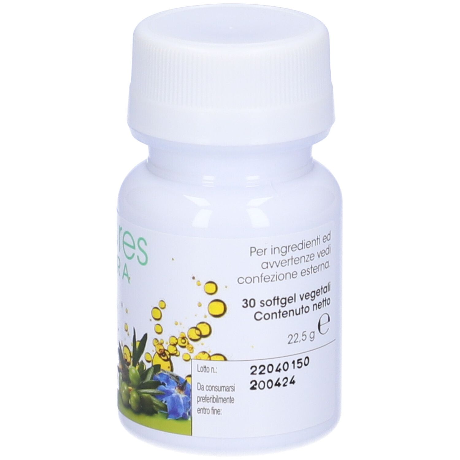 Weiße Flasche mit Schraubverschluss. Aufschrift: Armores Natura Omega 3-6-9. Etikett mit Inhaltsangaben und 30 Softgel-Kapseln.