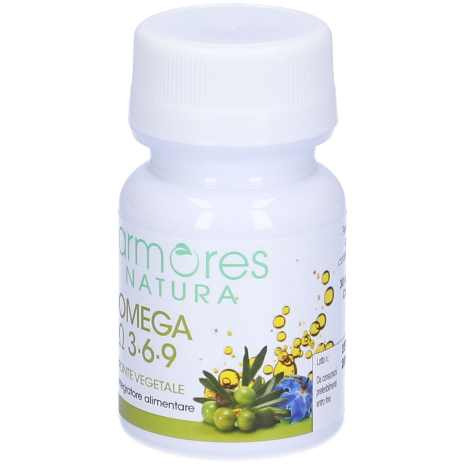 Weiße Flasche mit Schraubverschluss. Aufschrift: Armores Natura Omega 3-6-9. Grüner Aufkleber mit Oliven und Blättern.