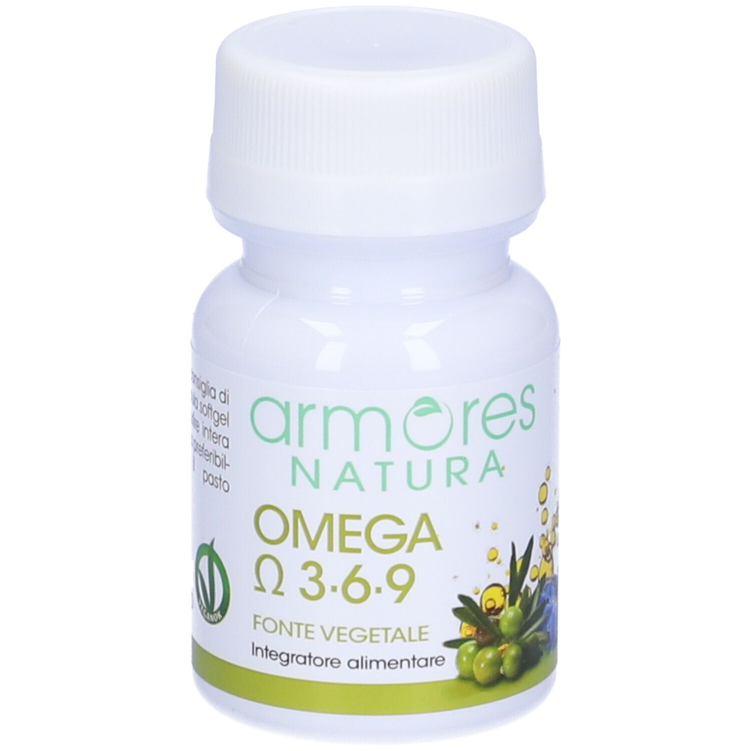Weiße Flasche mit Schraubverschluss. Aufschrift: Armores Natura Omega 3-6-9. Grüner Aufkleber mit Vegan-Logo.