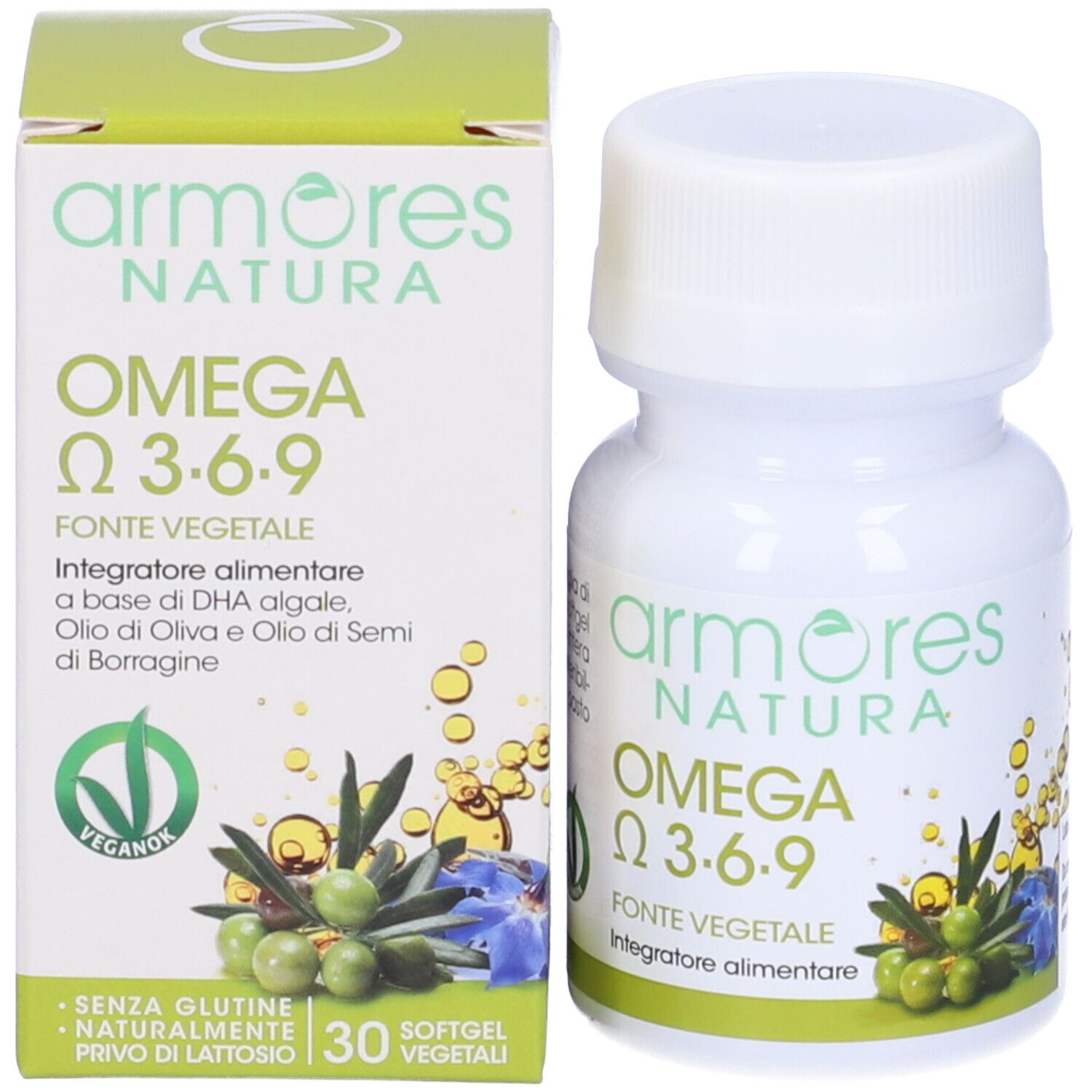 Produktverpackung und Flasche. Aufschrift: Armores Natura Omega 3-6-9. 30 Softgel-Kapseln. Vegan-Logo.
