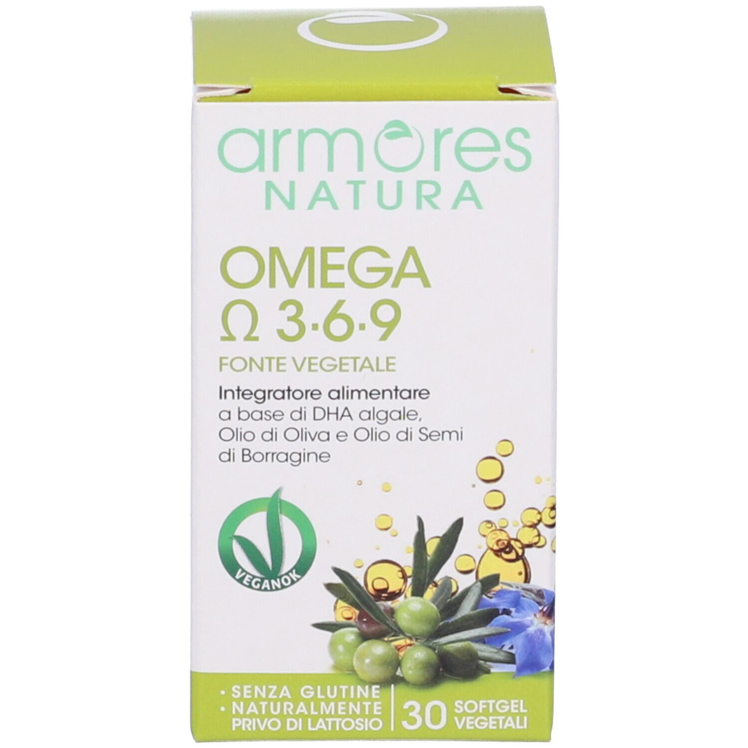 Produktverpackung. Aufschrift: Armores Natura Omega 3-6-9. 30 Softgel-Kapseln. Vegan-Logo.