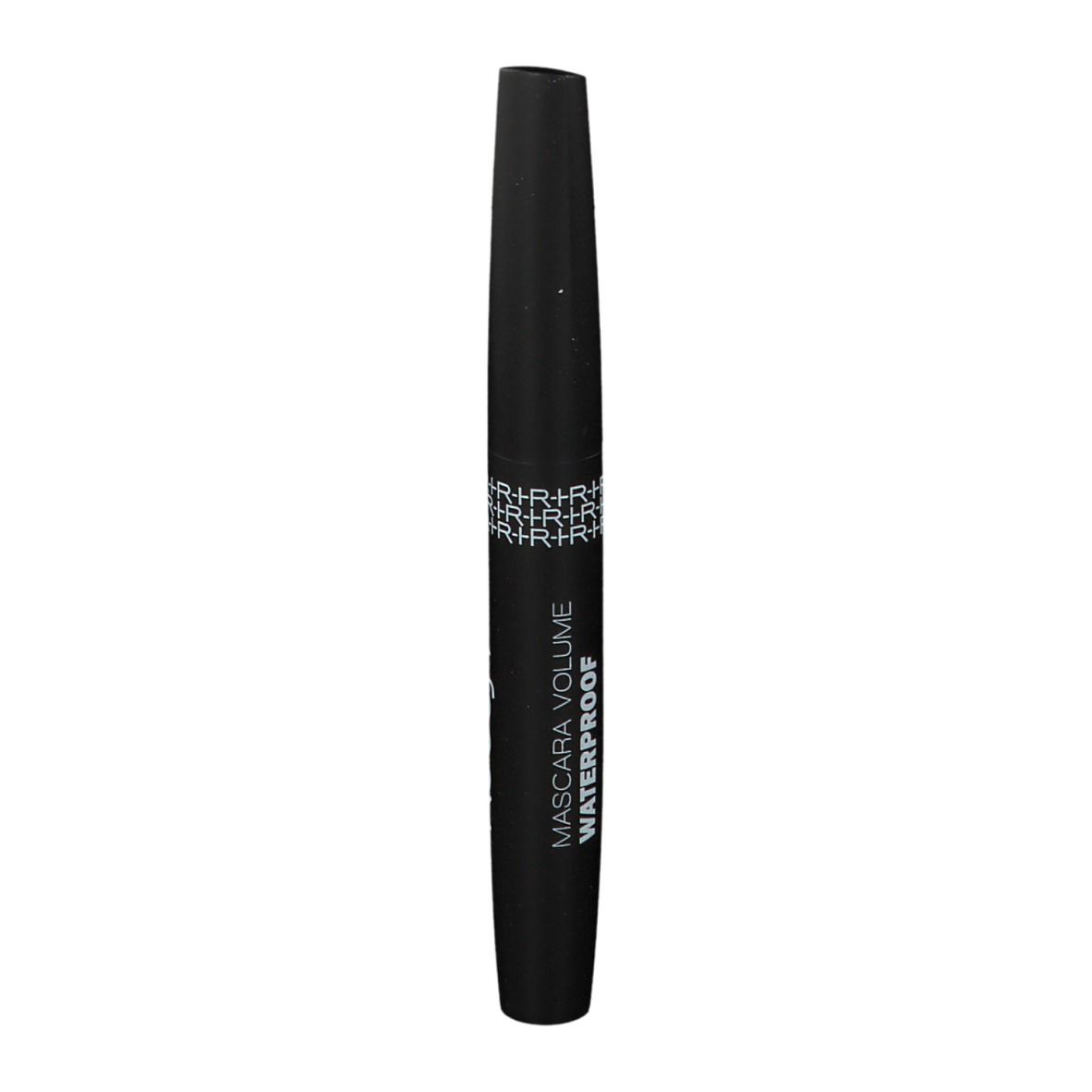Brosse de mascara noire avec lettrage blanc. Inscription: MASCARA VOLUME WATERPROOF. Forme cylindrique.