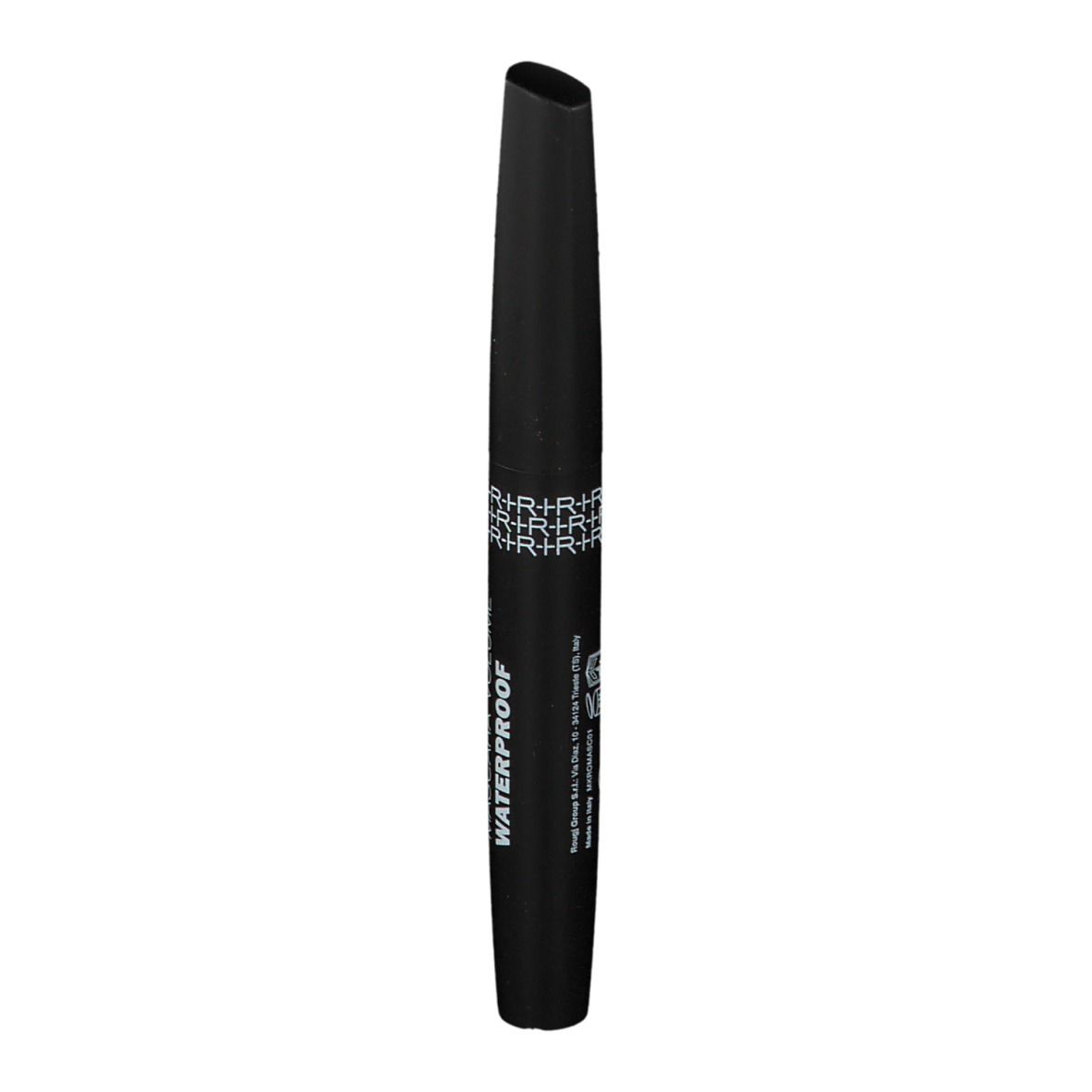 Brosse de mascara noire avec lettrage blanc. Inscription: WATERPROOF. Forme cylindrique, pointe biseautée.