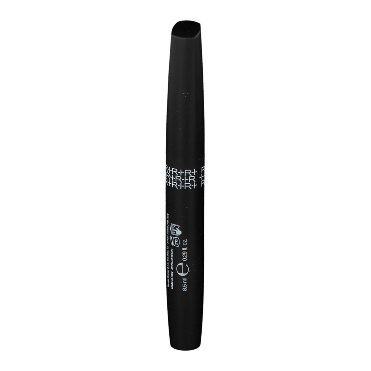 Brosse de mascara noire avec lettrage blanc. Inscription: WATERPROOF. Volume: 8,5 ml. Forme cylindrique.